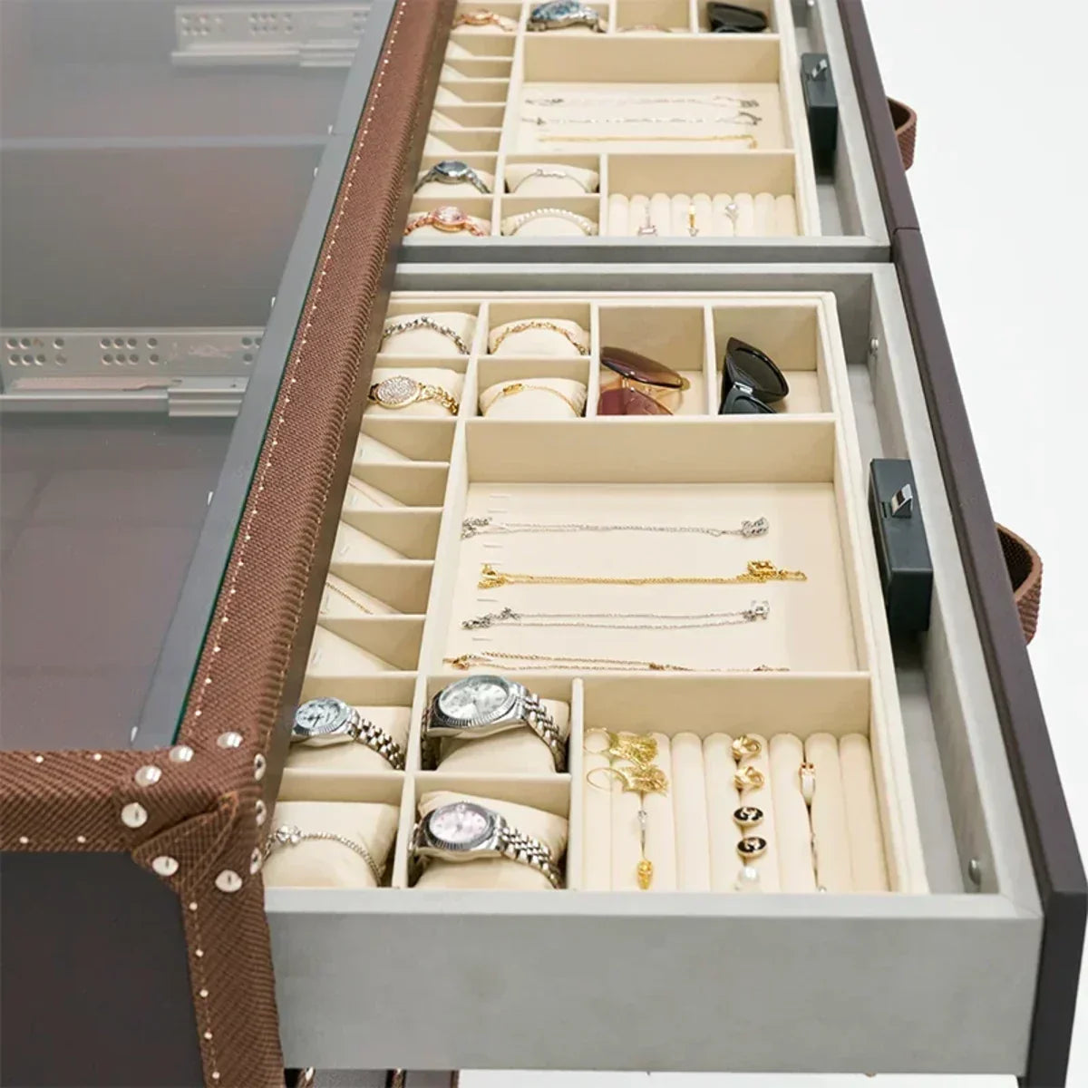 Walnut jewellery cabinet with modular watch drawers - SIRAE commissioned storage for Abu Dhabi walk-in closets