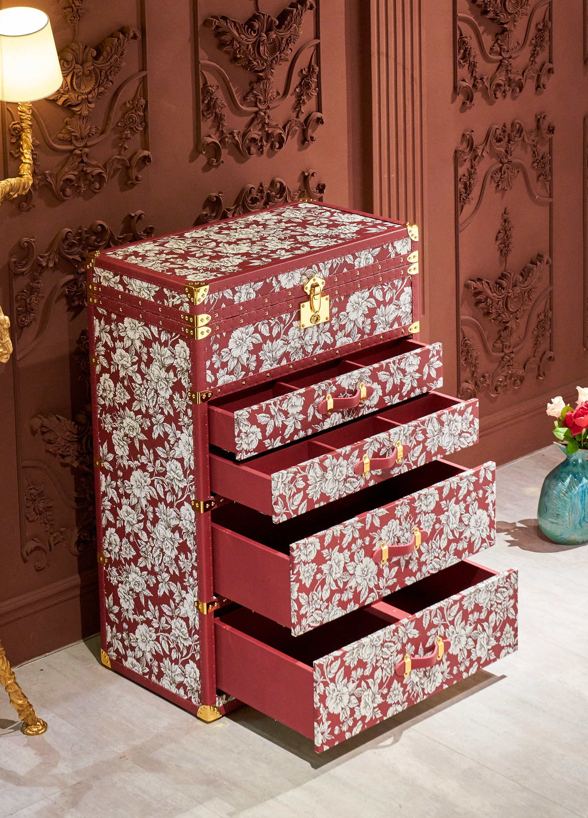Heritage Luxe Jewelry Trunk - Red Floral Print