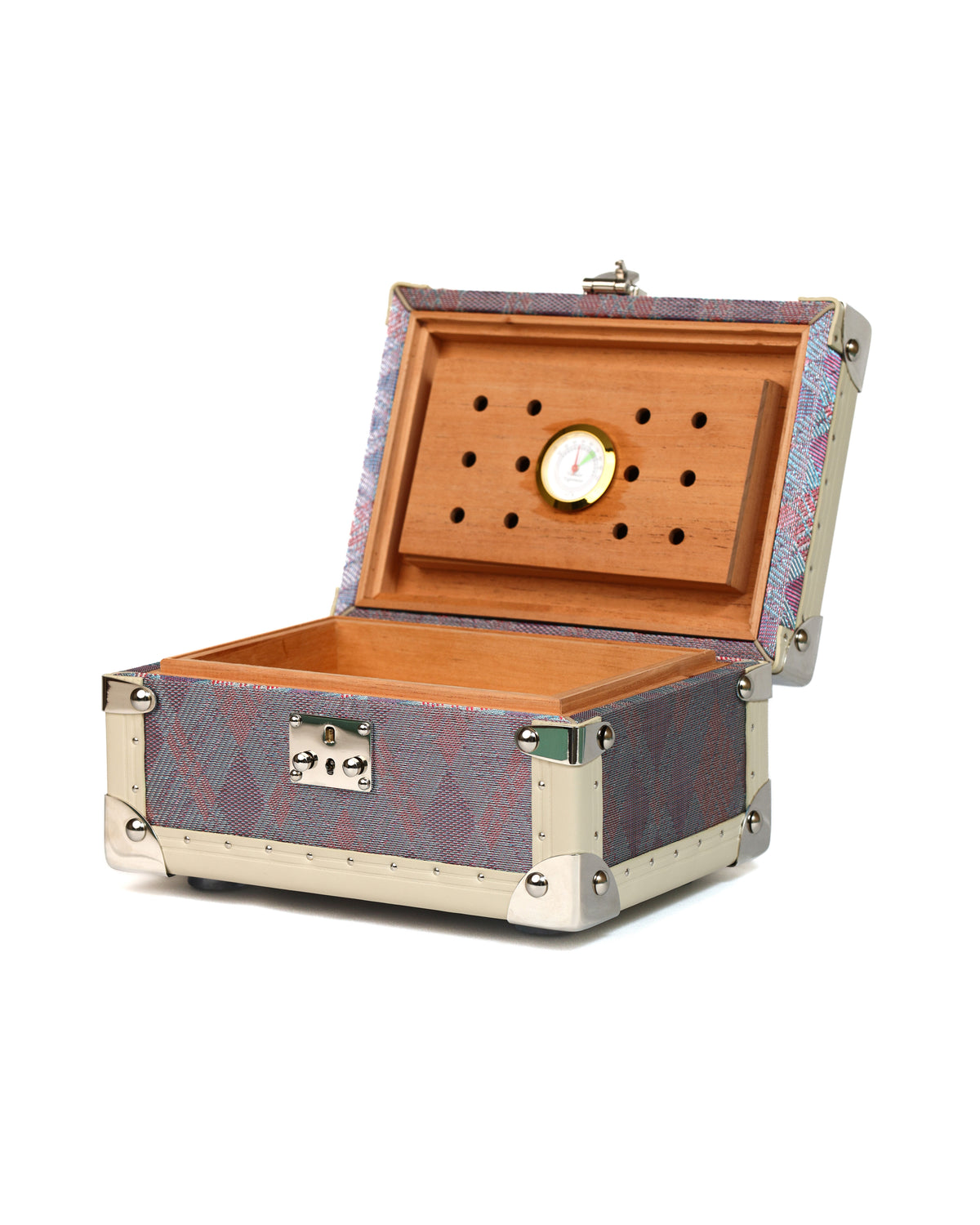 Open Diamond Purple humidor with cedar interior and hygrometer