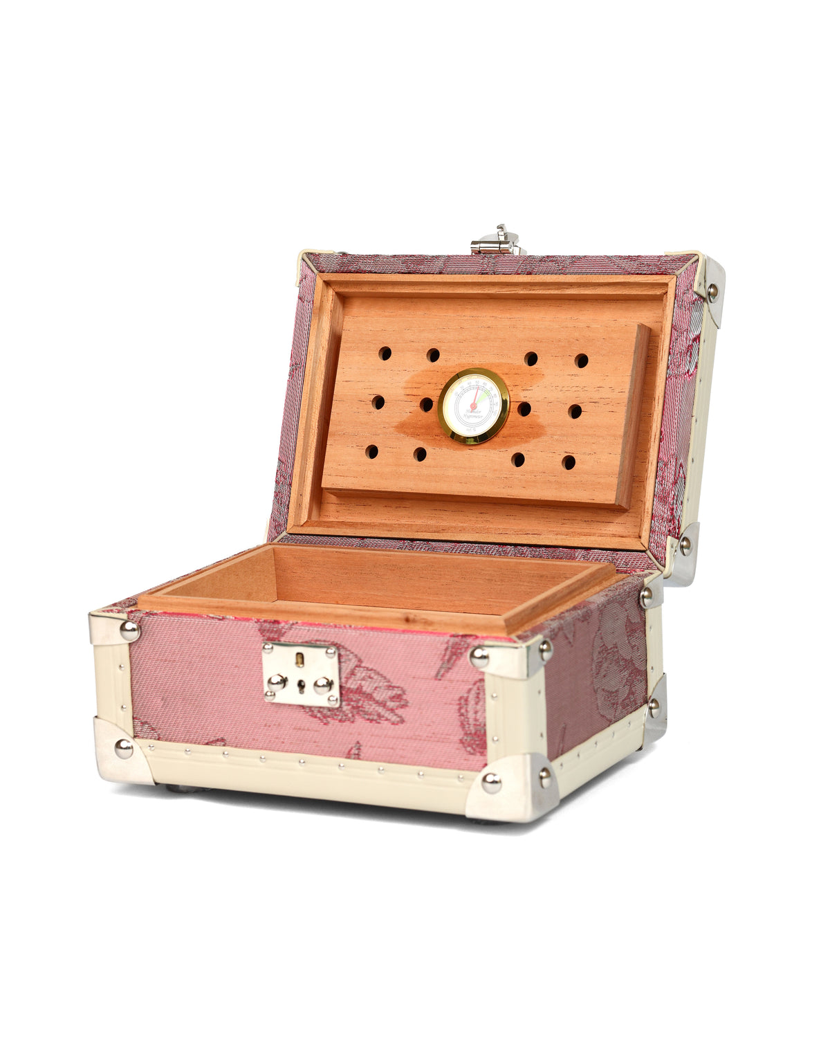 Open Blossom Pink humidor with cedar interior and hygrometer