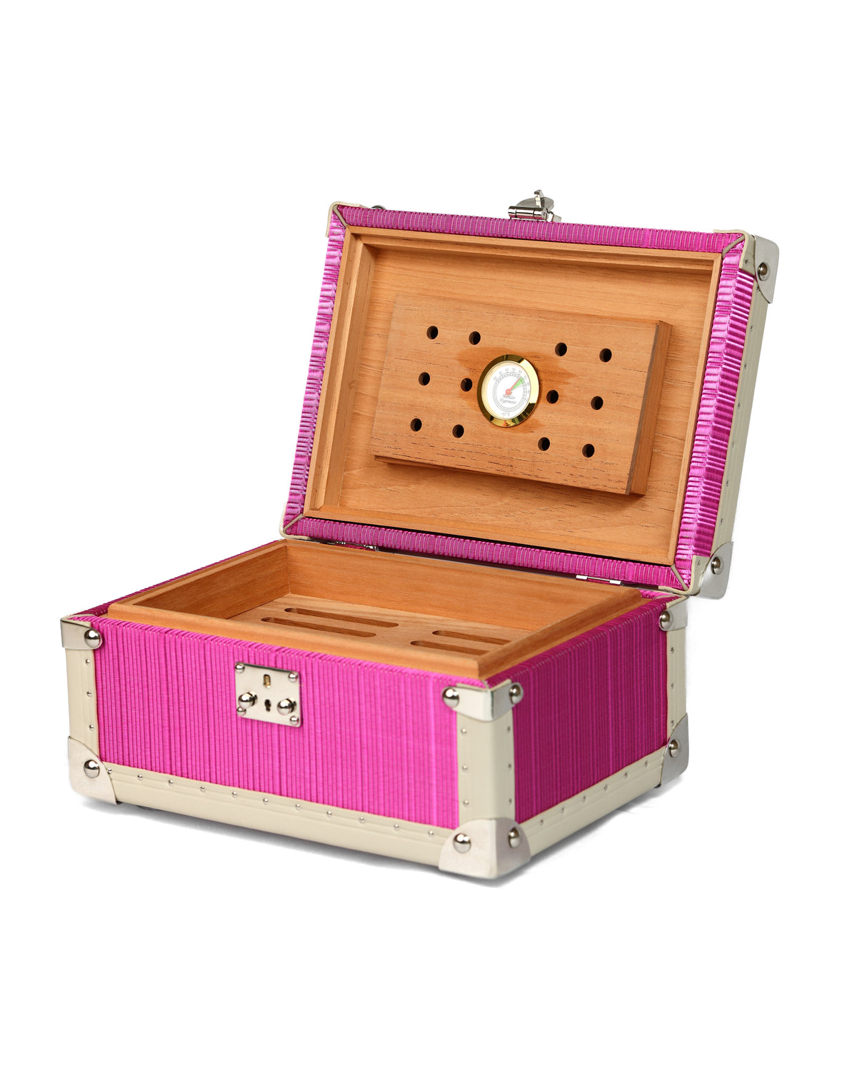 Open Fuchsia Pink humidor with cedar-lined interior and hygrometer