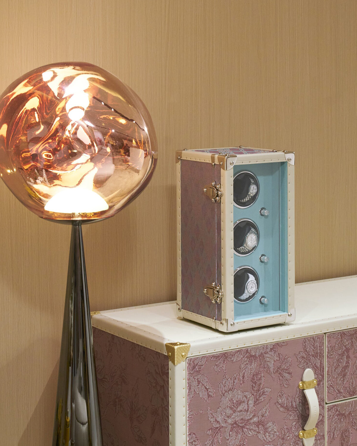 Anemone purple watch winder case styled in an interior
