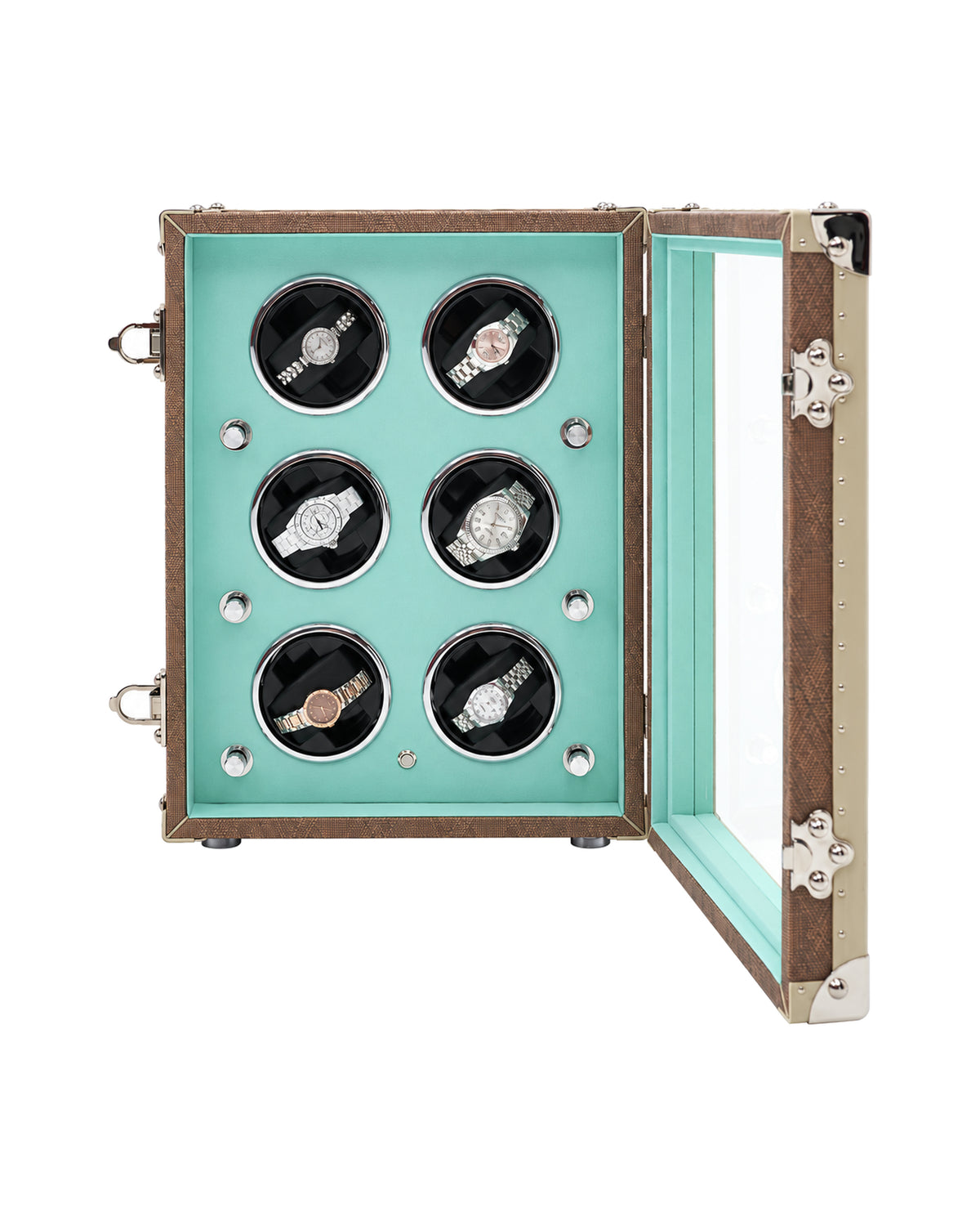 Front view of the dune gold six-watch winder case, SIRAE Dubai