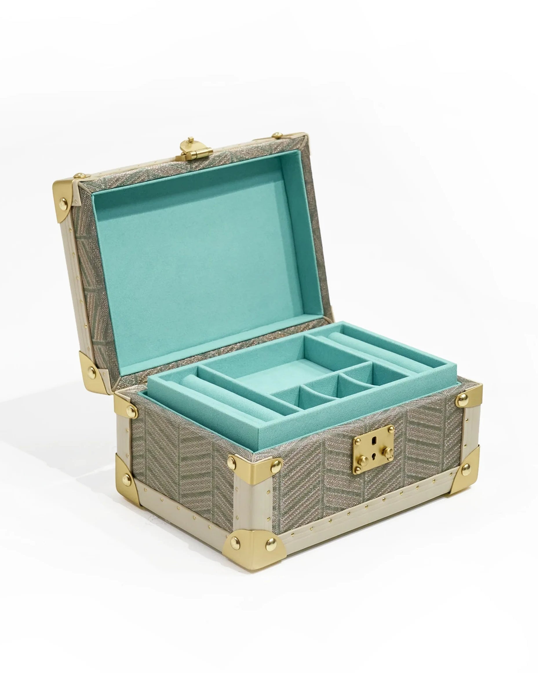 Velvet-lined interior of the SIRAE Aurum Loom avocado green jewelry box, styled for luxury storage