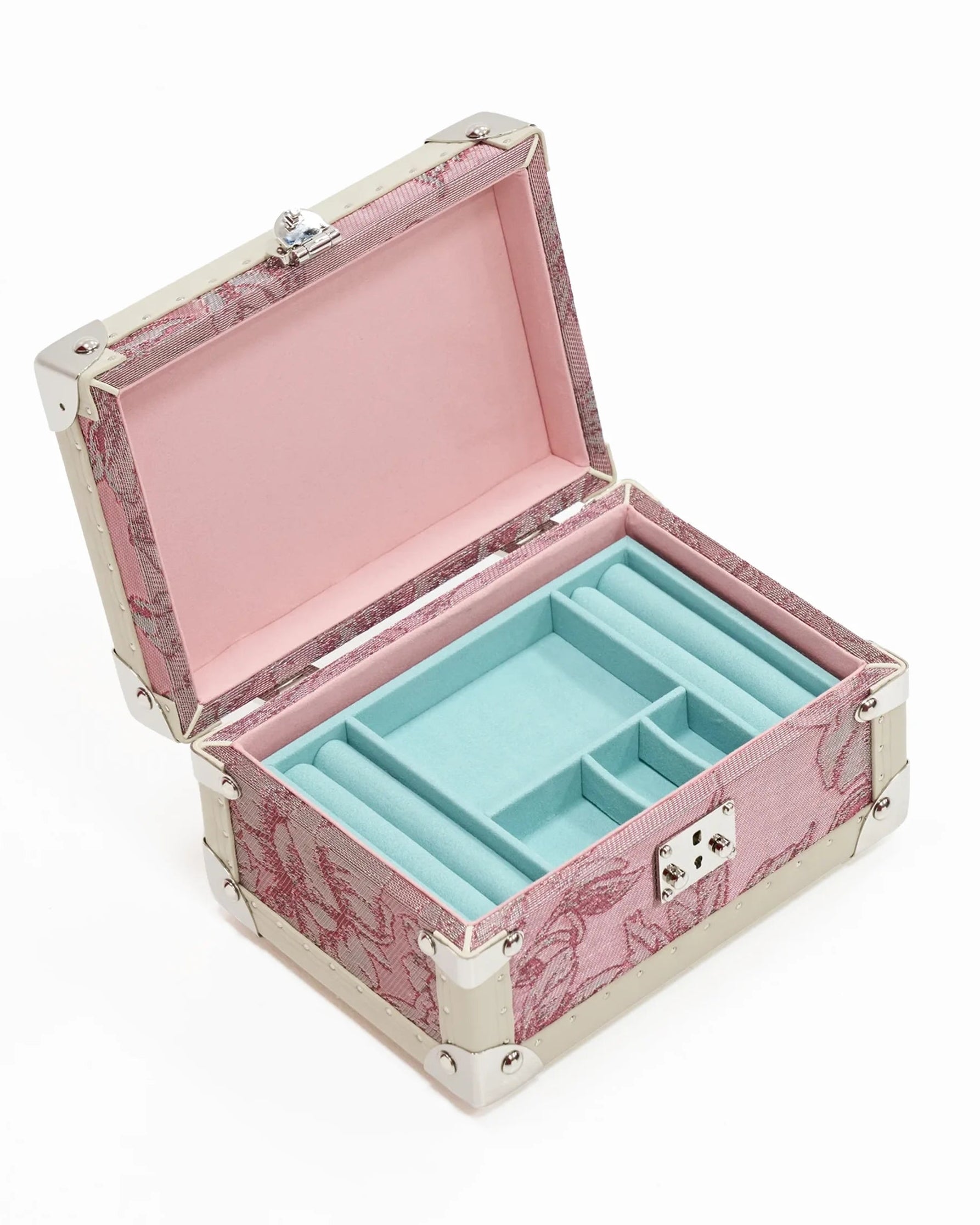 Velvet-lined interior of the SIRAE Aurum Loom mini pink jewelry box, styled for luxury storage