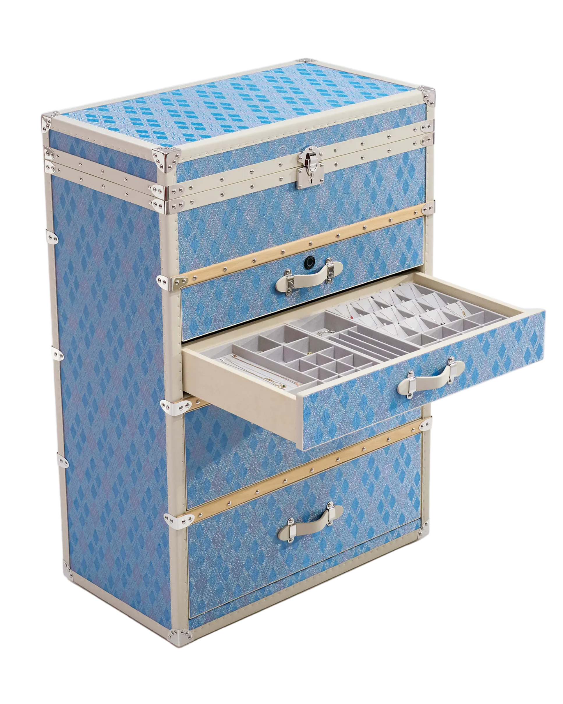 Open view of the diamond mist blue copper jewelry cabinet by SIRAE Dubai