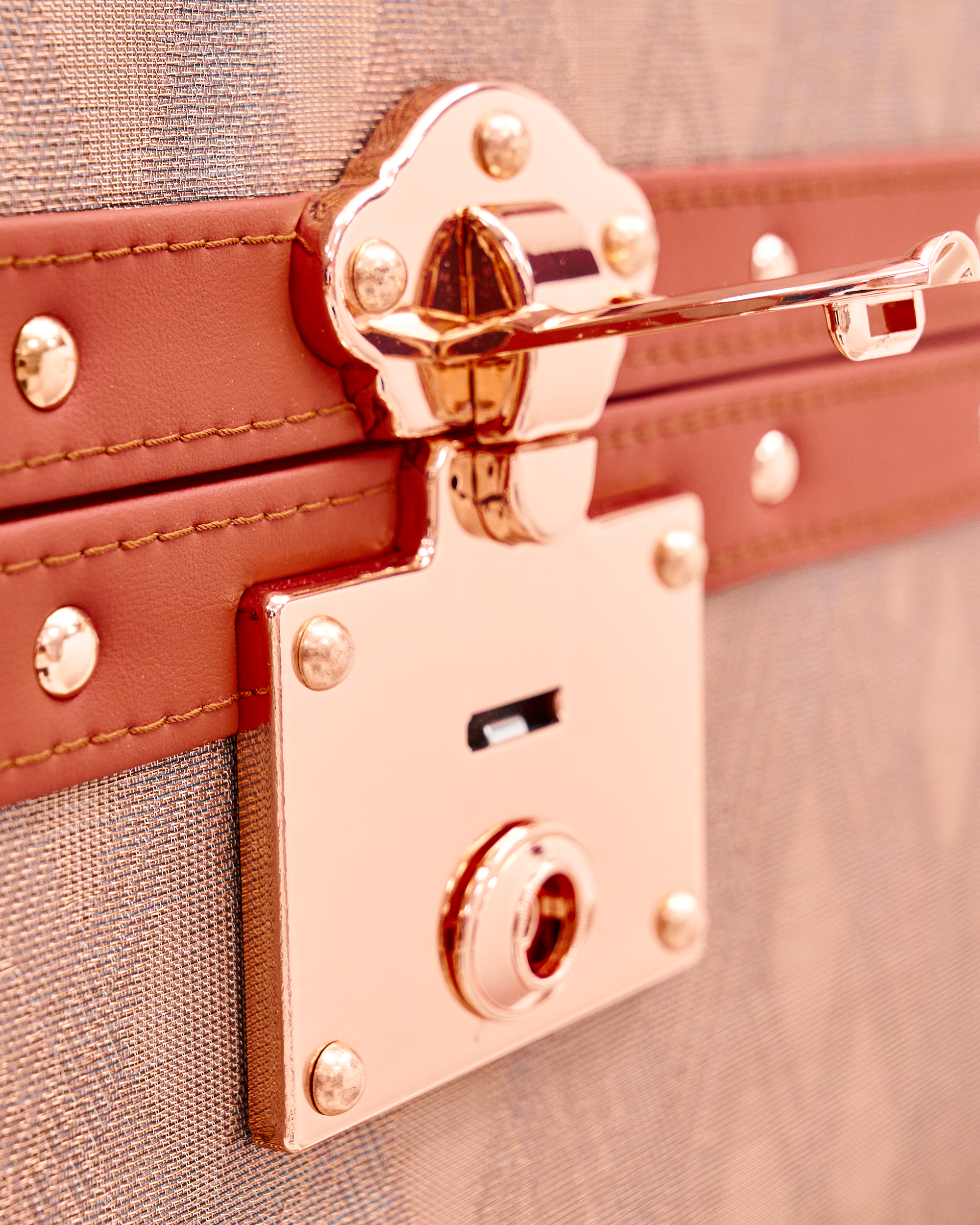 Velvet-lined interior of the SIRAE Aurum Loom dune gold jewelry trunk, styled for luxury storage