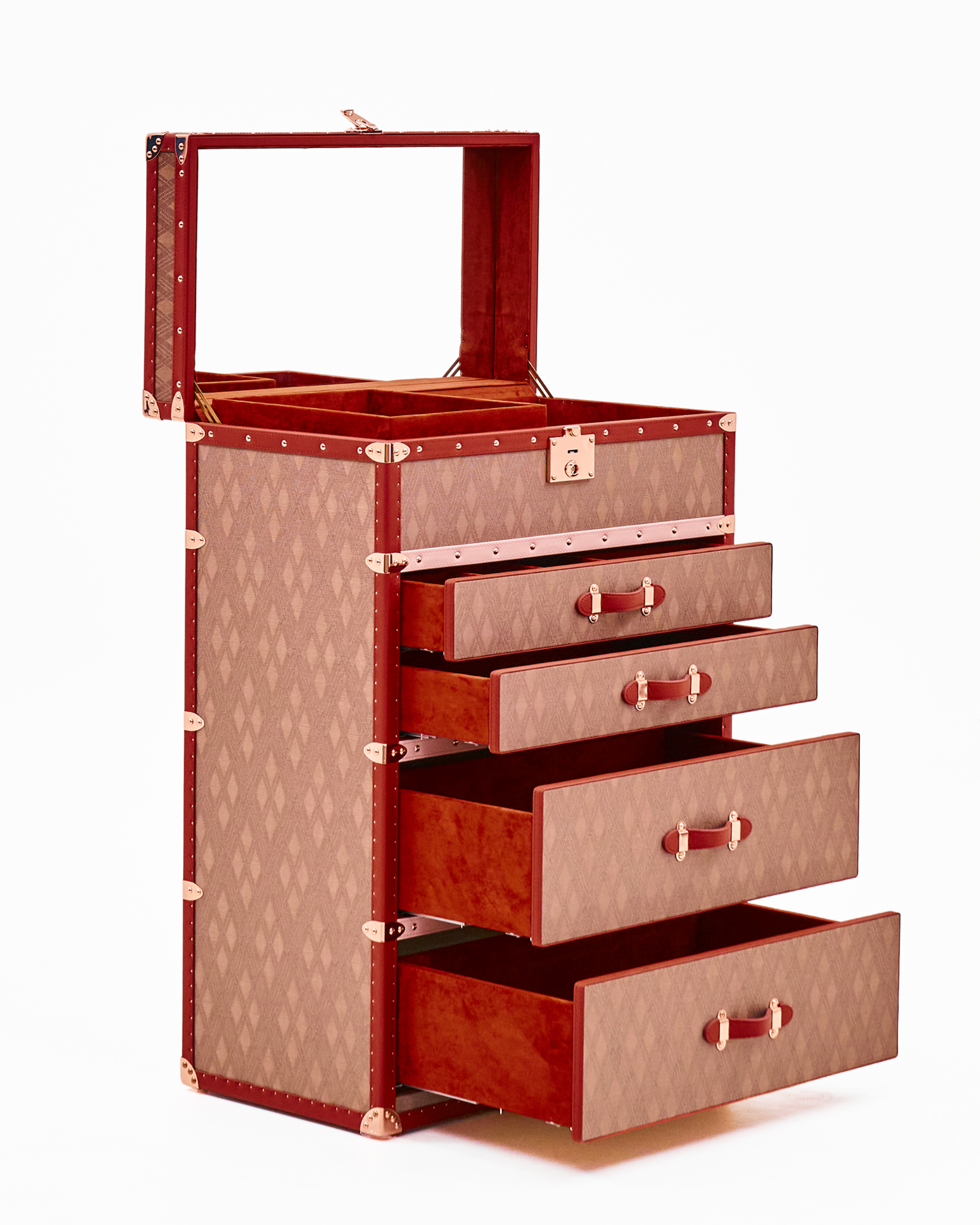 Open view of the dune gold copper jewelry trunk by SIRAE Dubai, showing biometric jewelry cabinet