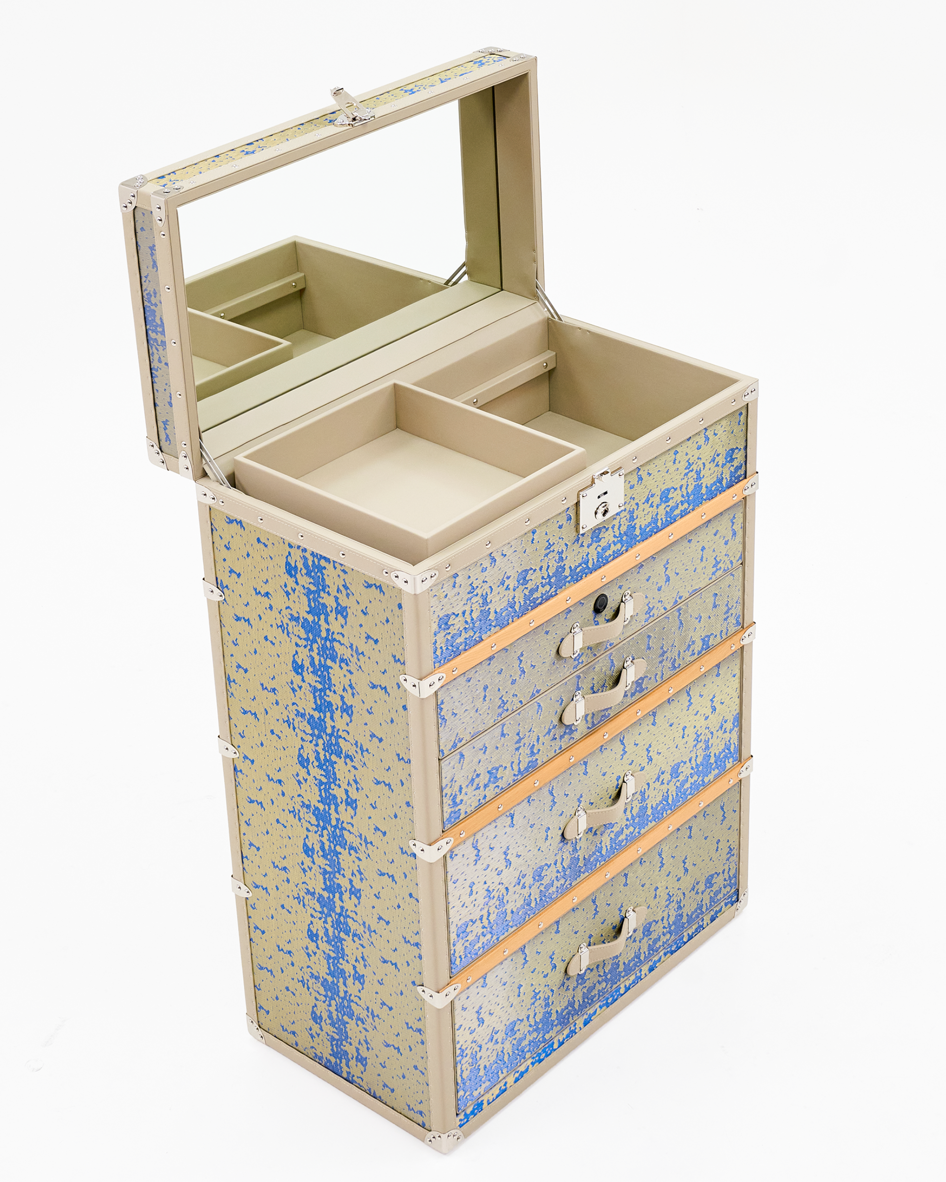 Open mirror lid and tiered drawers of the SIRAE Aurum Loom Gilded Blue handwoven copper mesh jewelry trunk