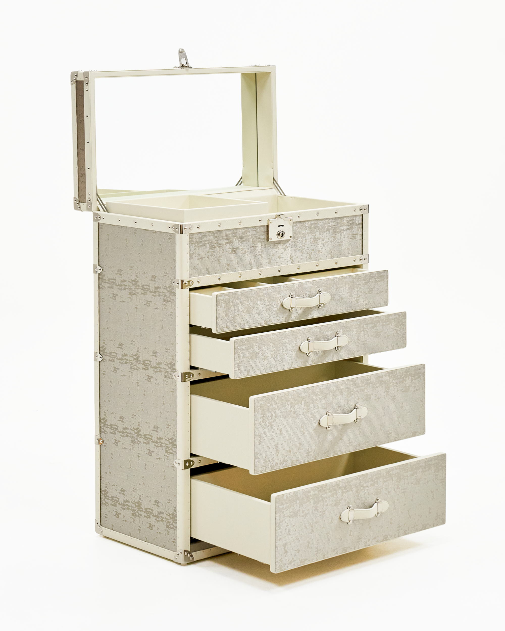 Open view of the pearl white copper jewelry trunk by SIRAE Dubai, showing biometric jewelry cabinet