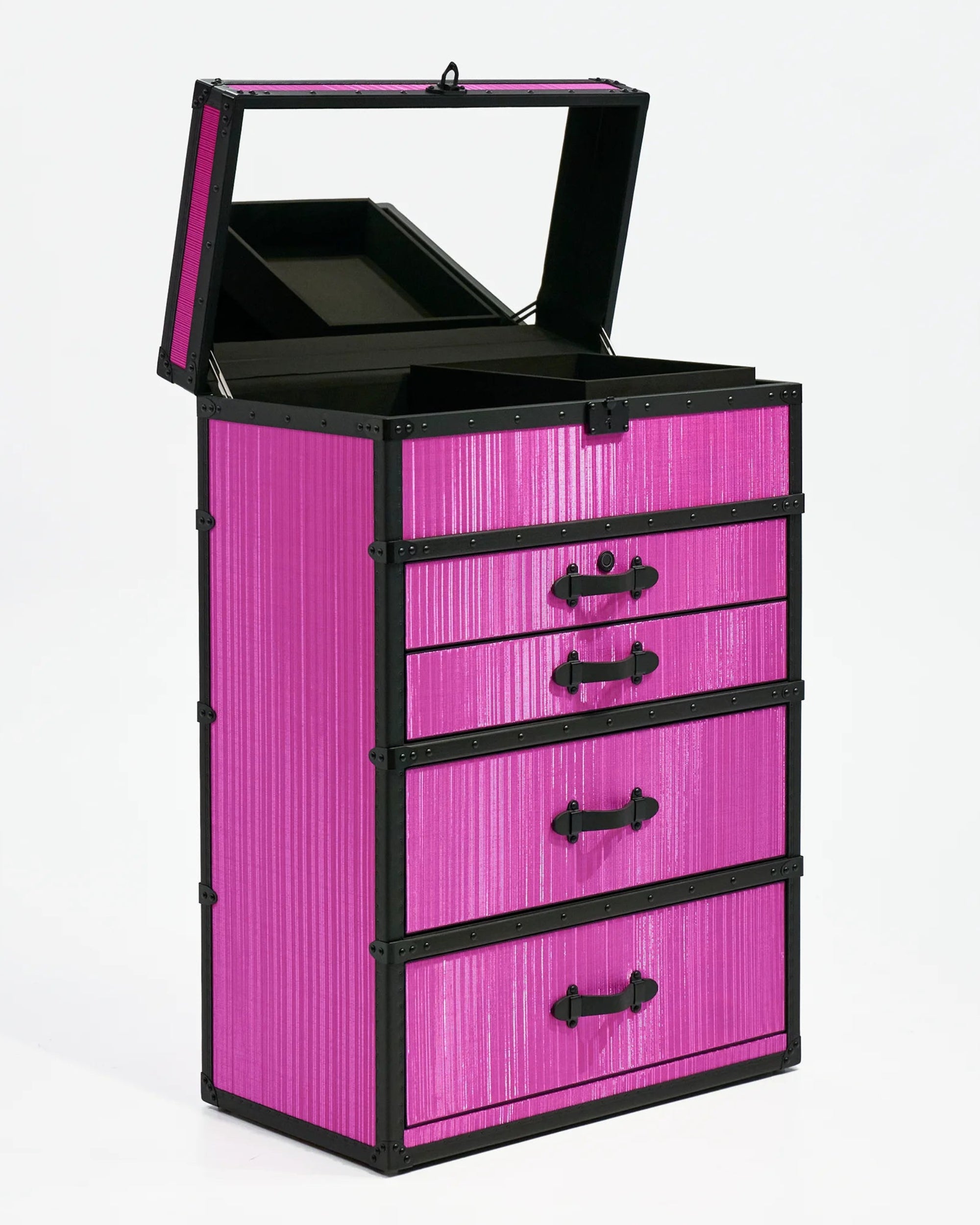 Open view of the rose mirage copper jewelry trunk by SIRAE Dubai, showing biometric jewelry cabinet