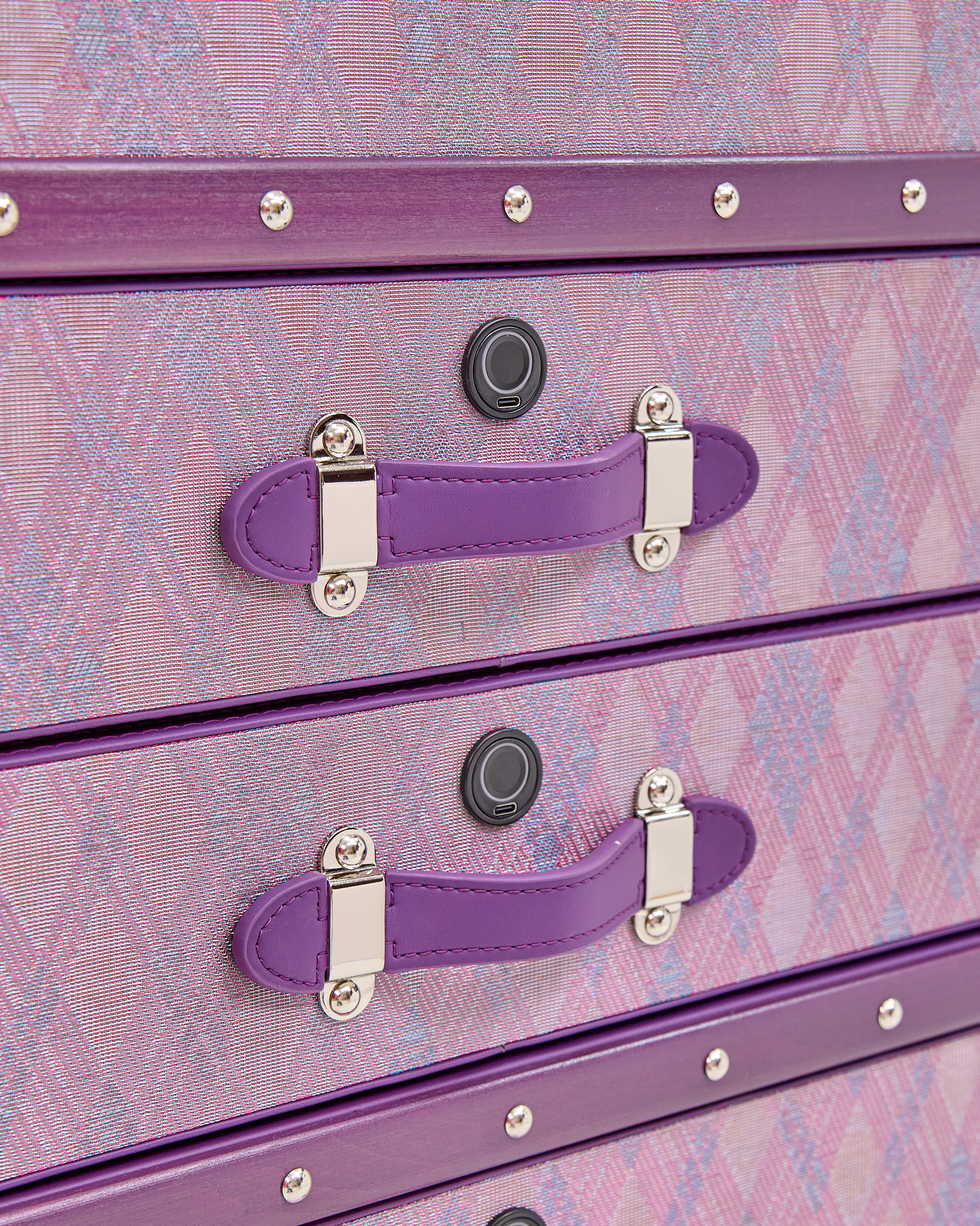 Velvet-lined interior of the SIRAE Aurum Loom royal amethyst jewelry trunk, styled for luxury storage