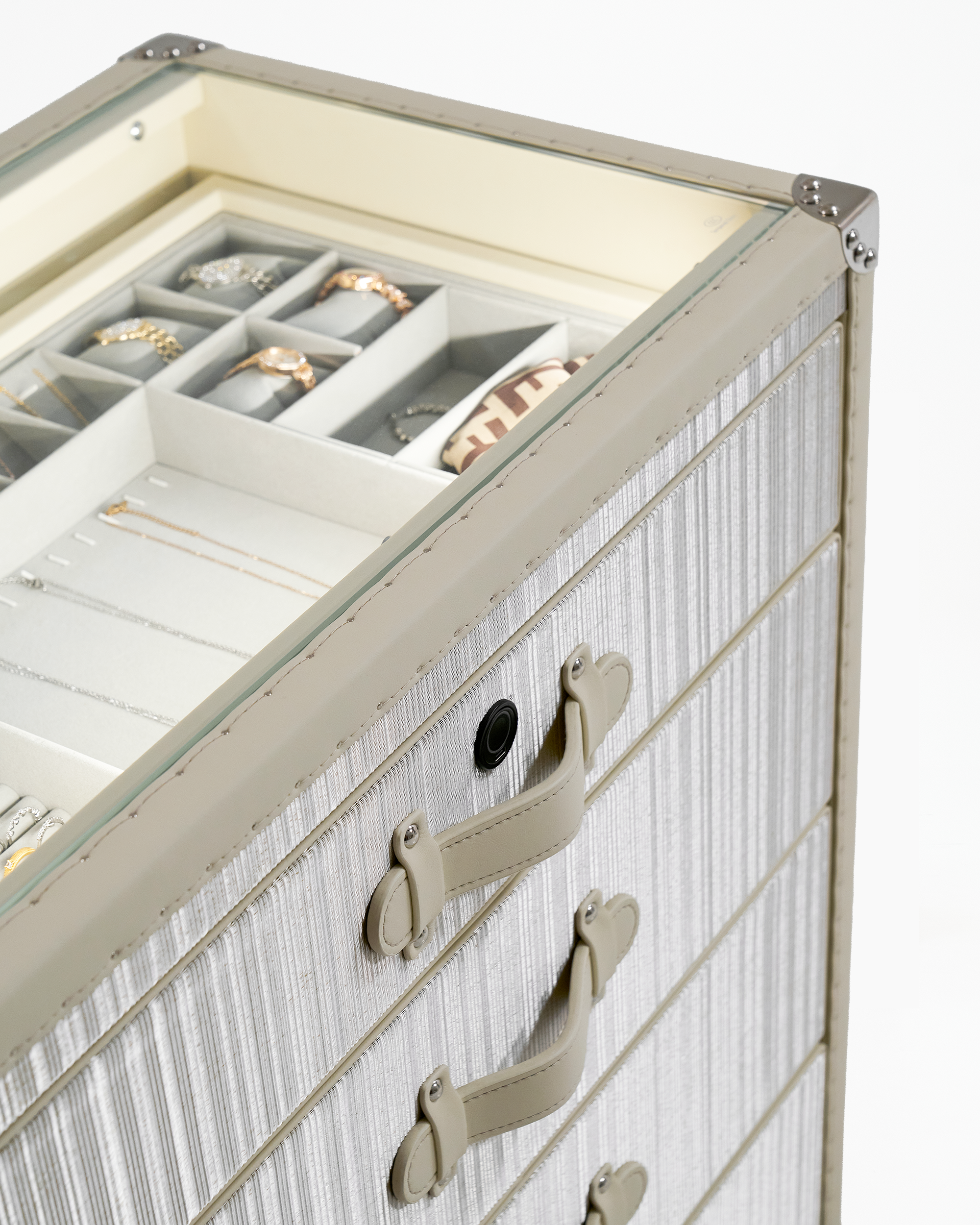 Open view of the frosted silver copper side cabinet by SIRAE Dubai