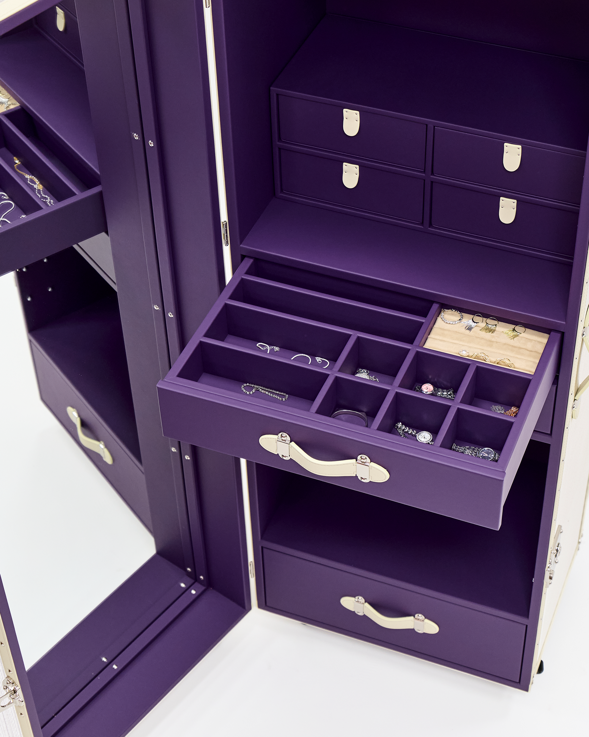 Velvet-lined interior of the SIRAE Aurum Loom light gold vanity cabinet, styled for luxury storage