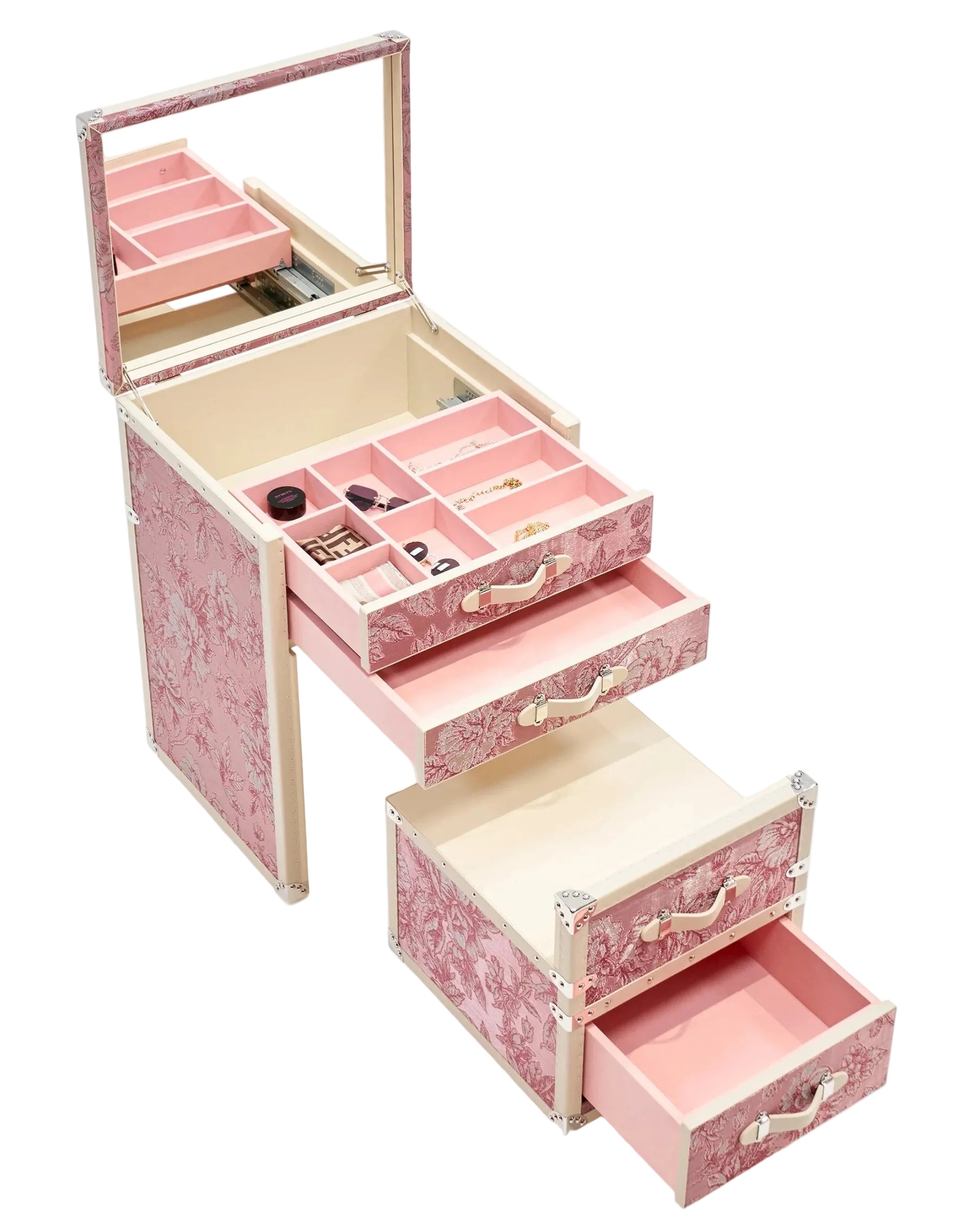 Velvet-lined interior of the SIRAE Aurum Loom peony lumière vanity cabinet, styled for luxury storage