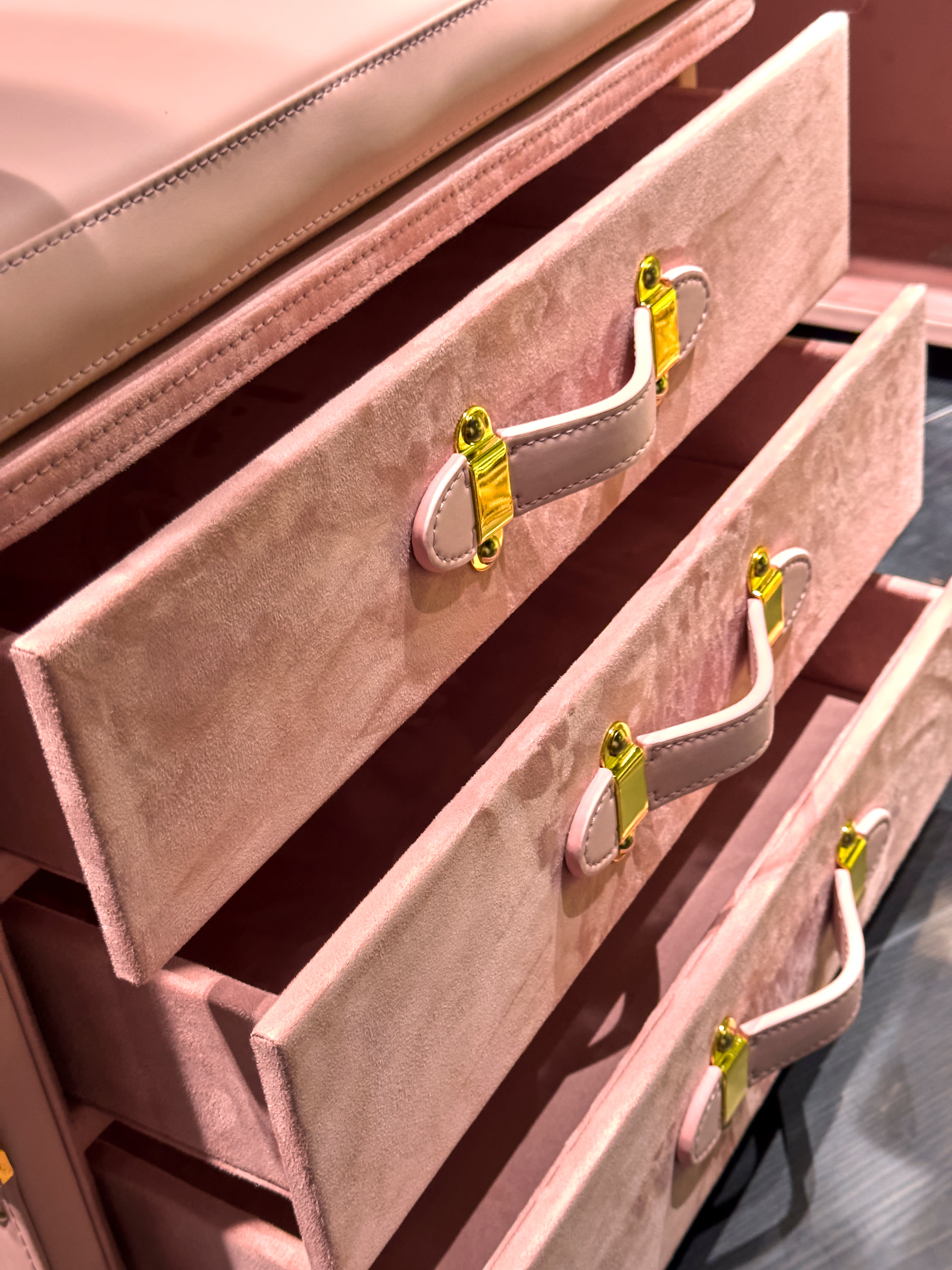 Velvet-lined interior of the SIRAE Cuir Luxe blossom pink vanity cabinet, styled for luxury storage