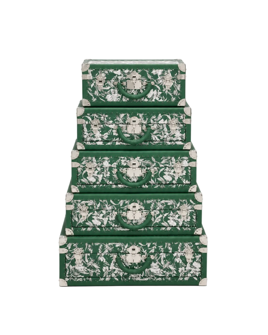 A set of five stacked, tiered storage boxes or trunks in dark green with an ornate white toile-style pattern and silver-toned corner protectors, photographed against a seamless light gray background.