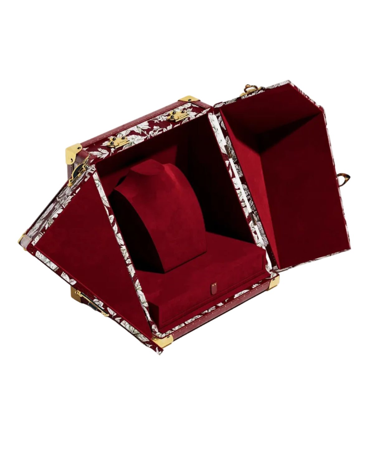 Velvet-lined interior of the SIRAE Heritage Luxe floral crimson jewelry case, styled for luxury storage