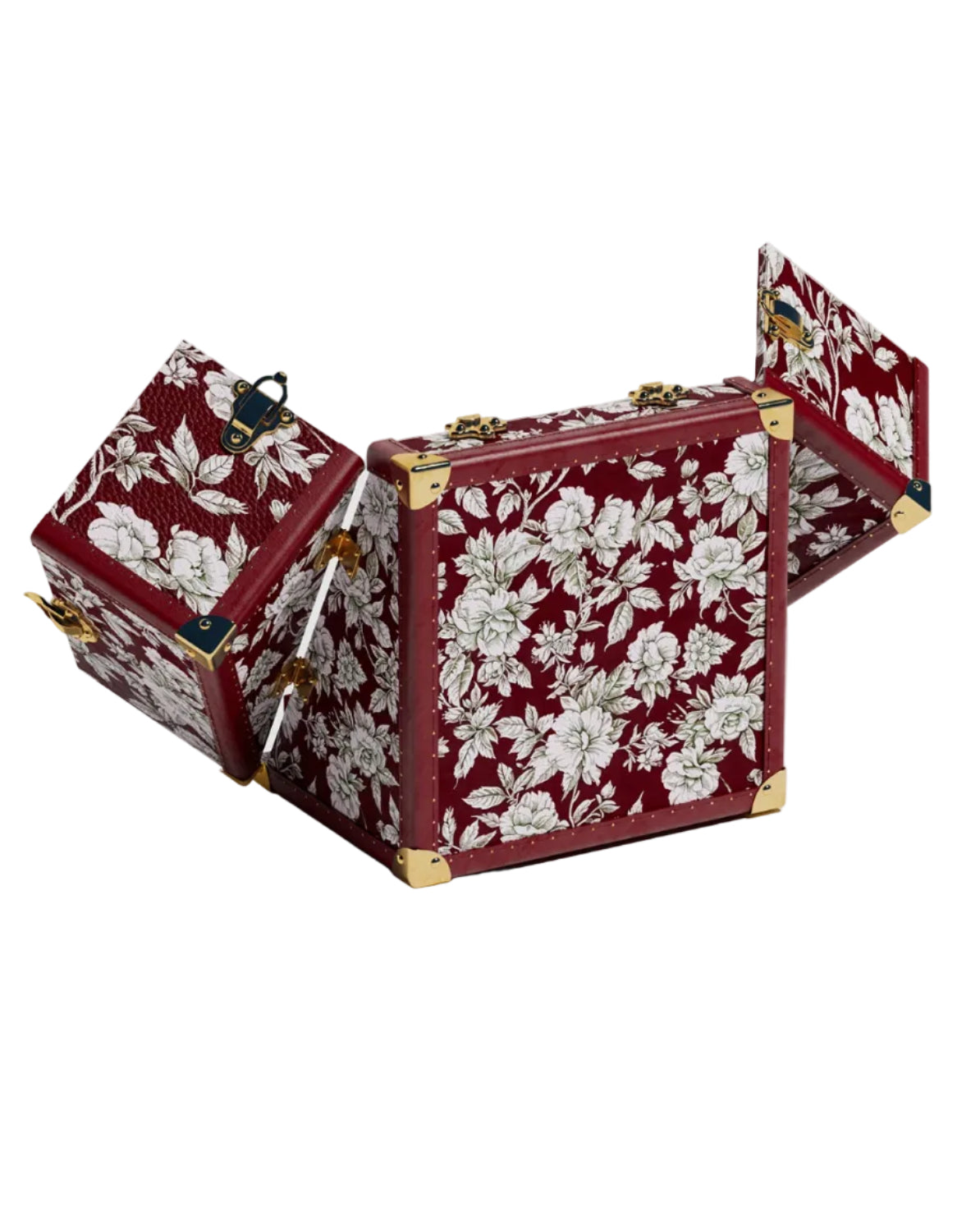 SIRAE Heritage Luxe floral crimson jewelry case styled with jewelry in a luxury Dubai interior