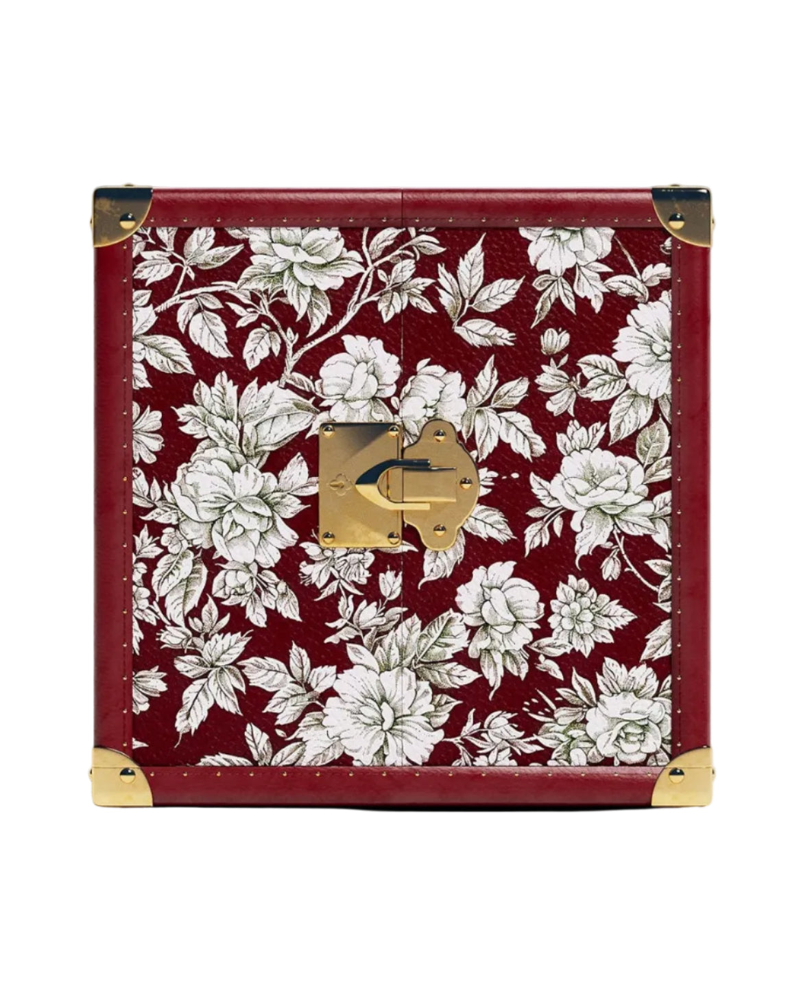 Side view of the SIRAE Heritage Luxe floral crimson jewelry case in a luxury Dubai setting