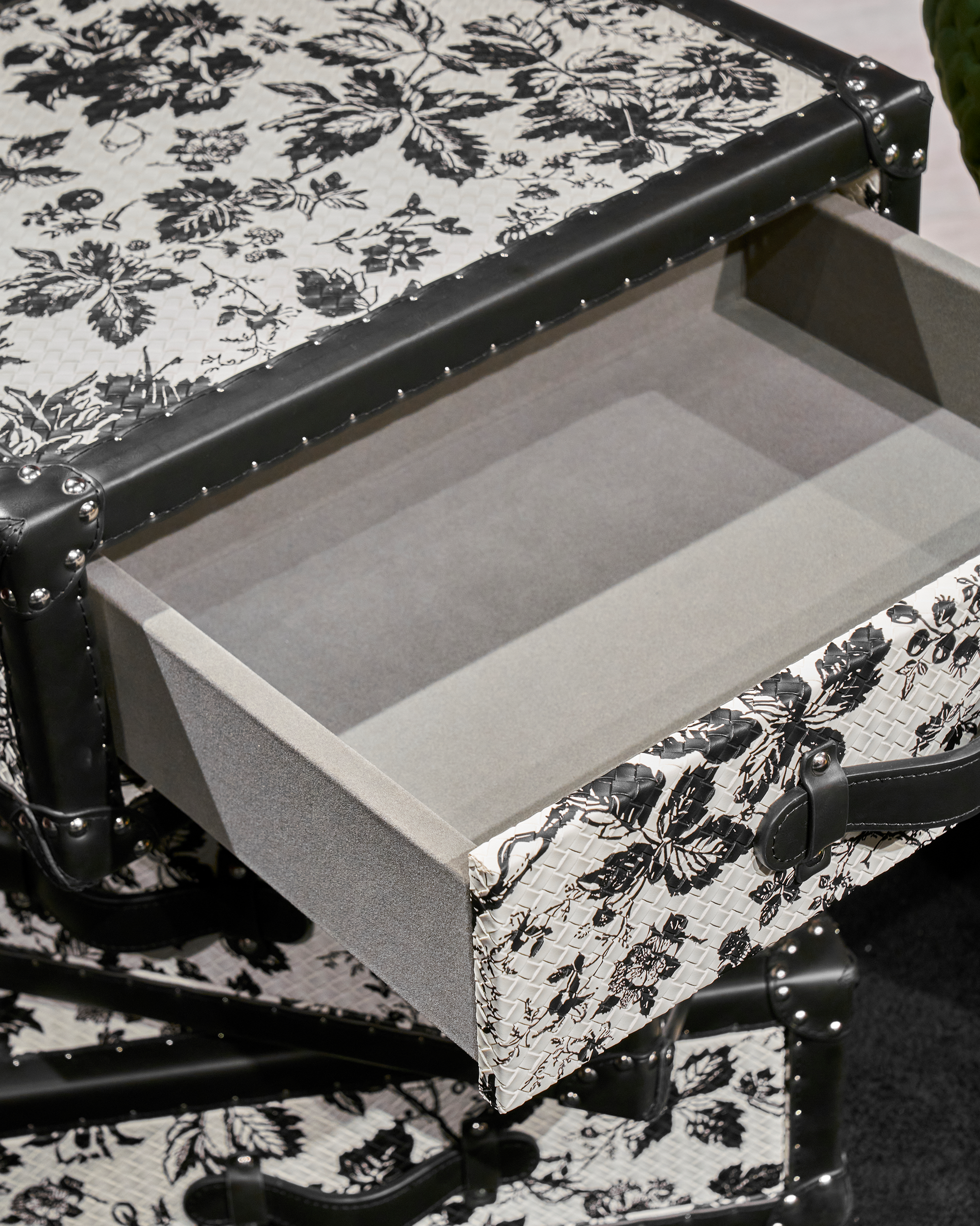 Velvet-lined drawer interior of the SIRAE Heritage Luxe monochrome rotating cabinet