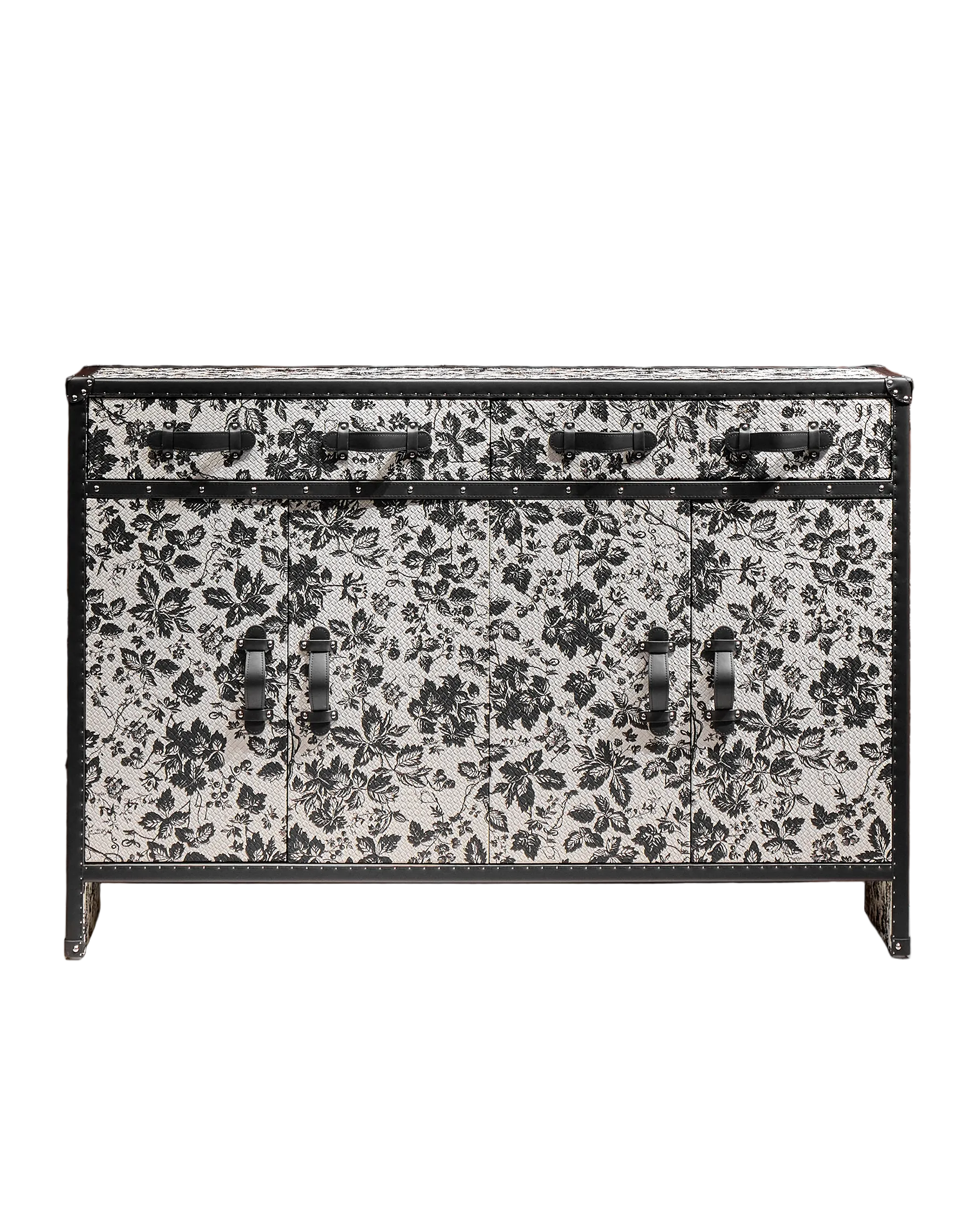 SIRAE Heritage Luxe shoe cabinet in monochrome floral leather piping, Dubai luxury atelier