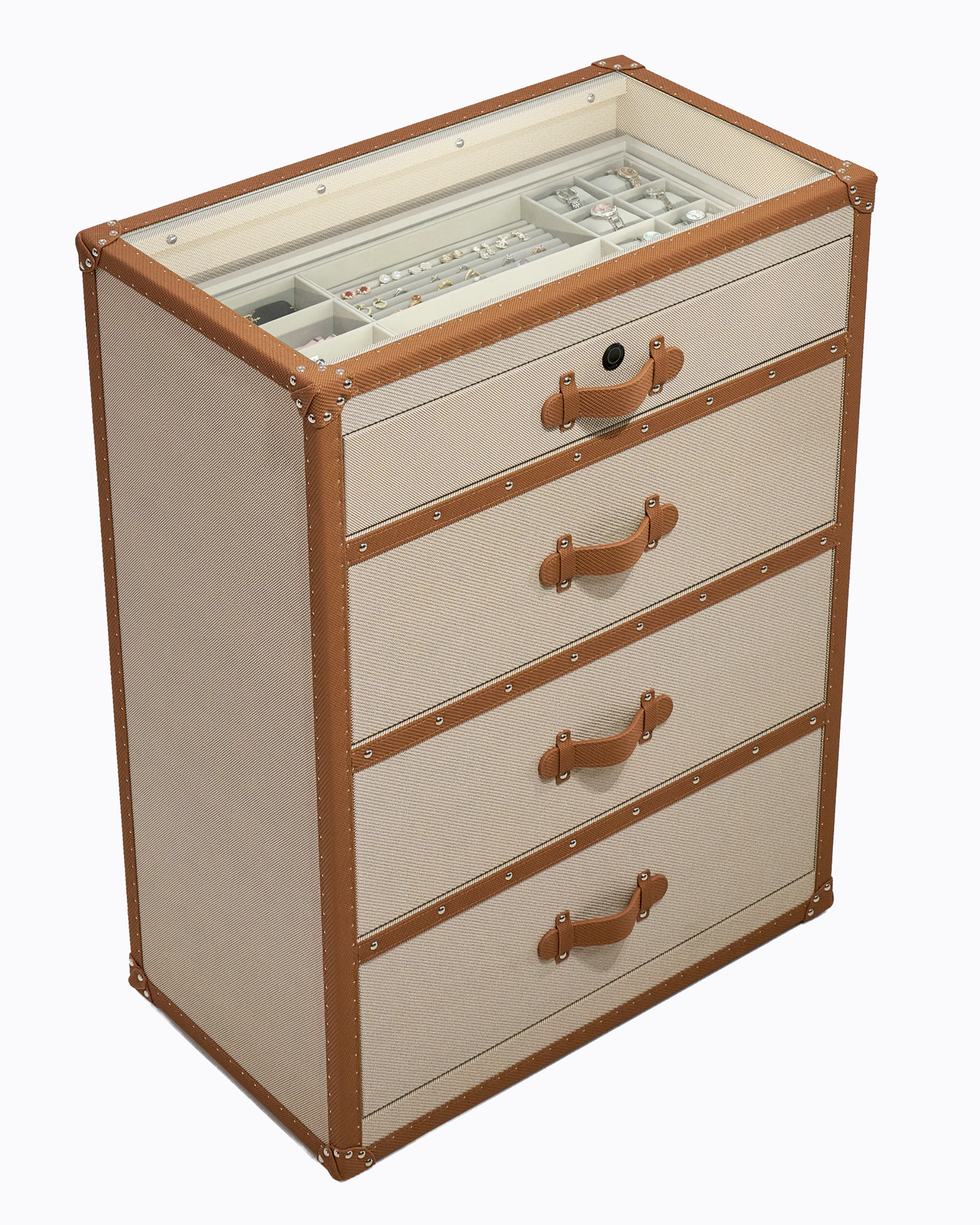SIRAE Heritage Luxe beige & brown side cabinet styled with jewelry in a luxury Dubai interior
