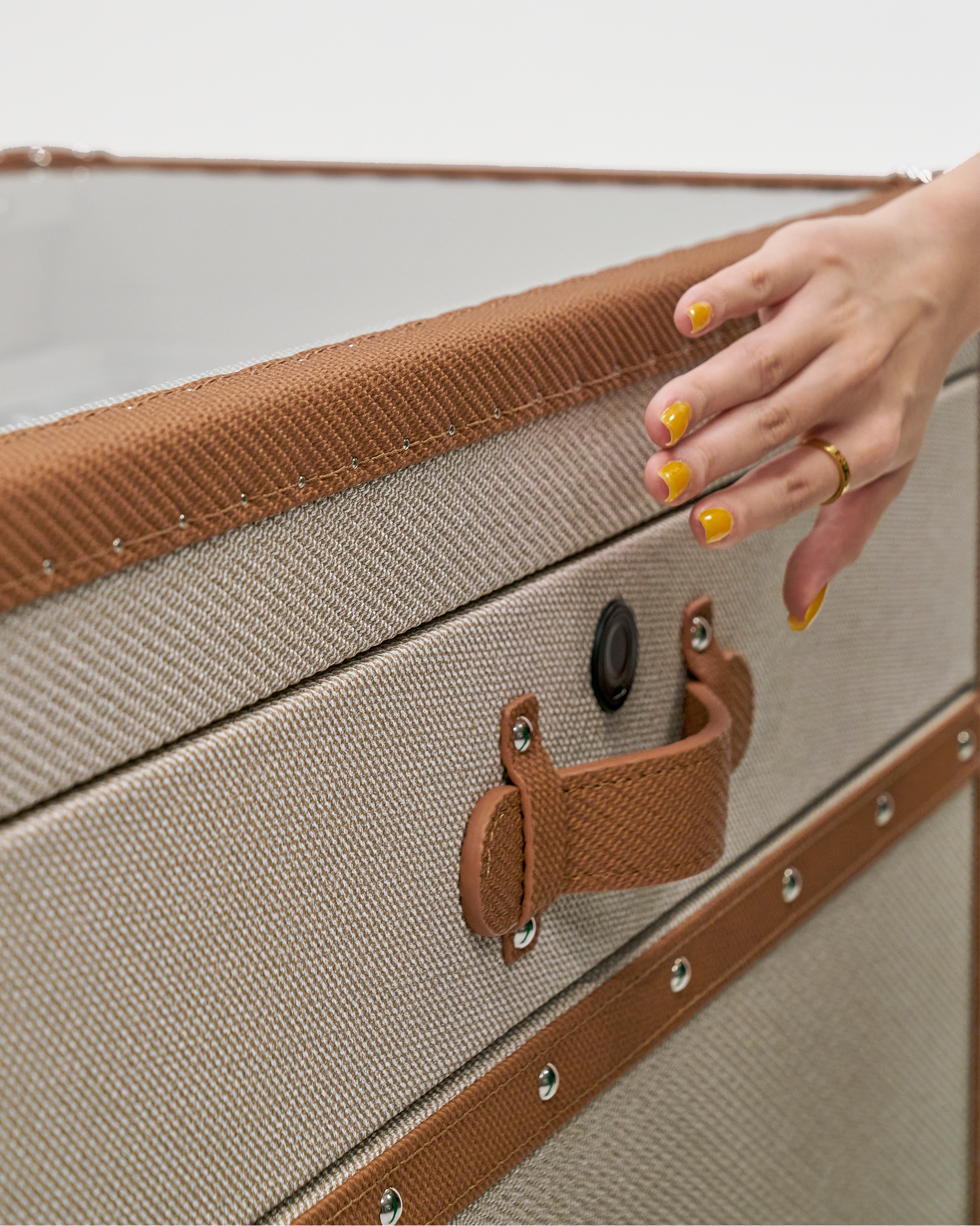 Embossed leather texture detail on the SIRAE beige & brown side cabinet