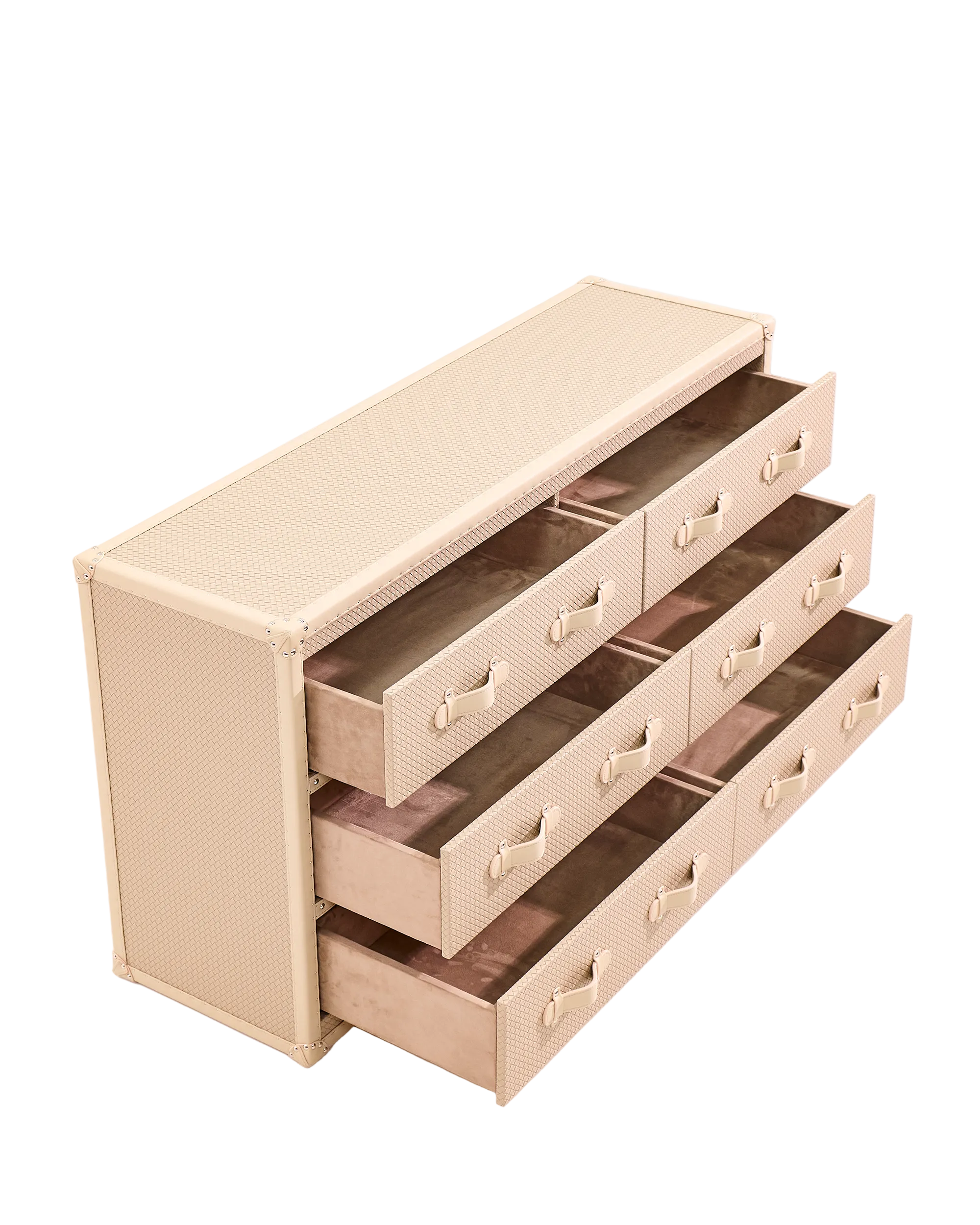 Open view of the beige leather side cabinet by SIRAE Dubai