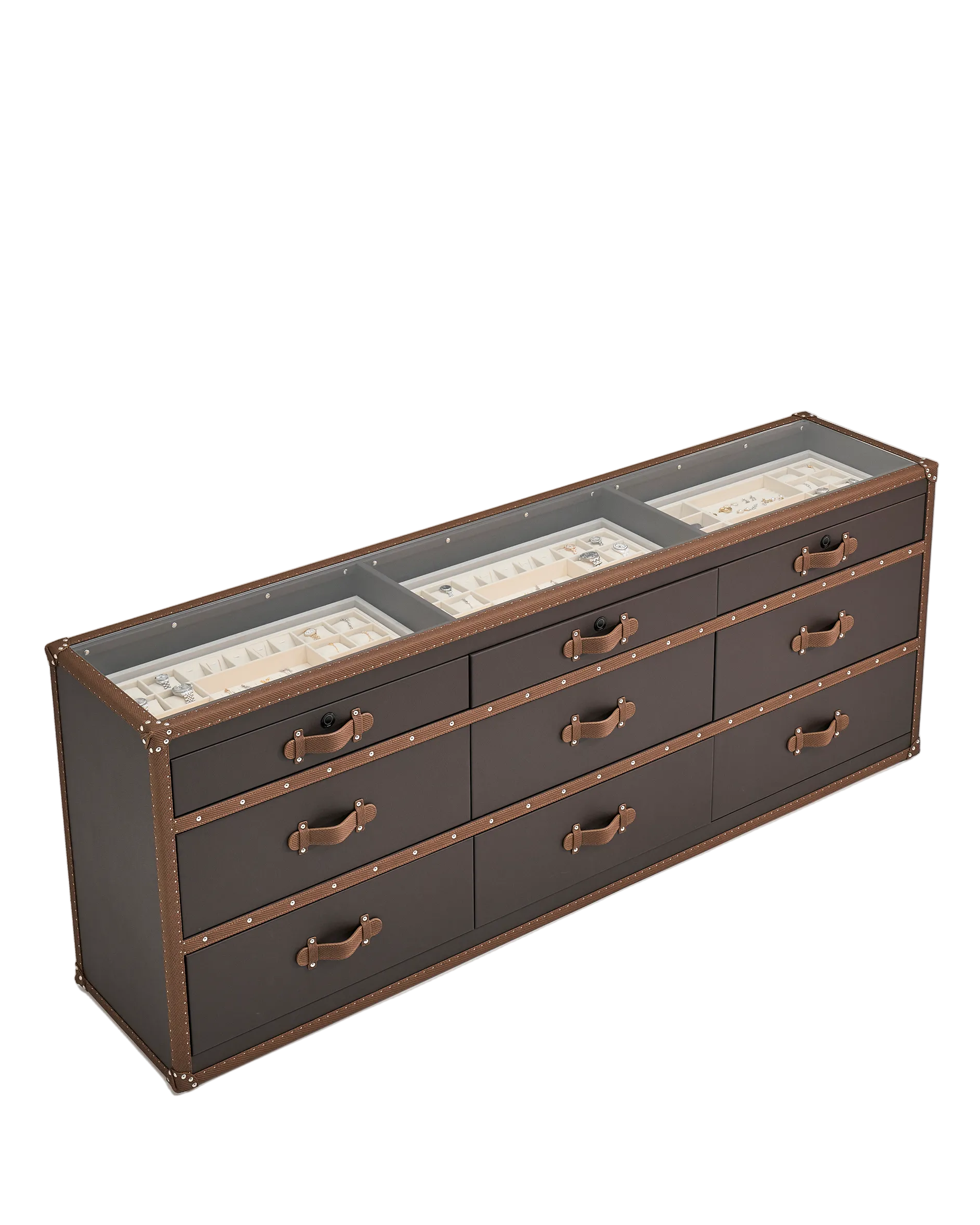 Velvet-lined interior of the SIRAE Heritage Luxe brown side cabinet, styled for luxury storage