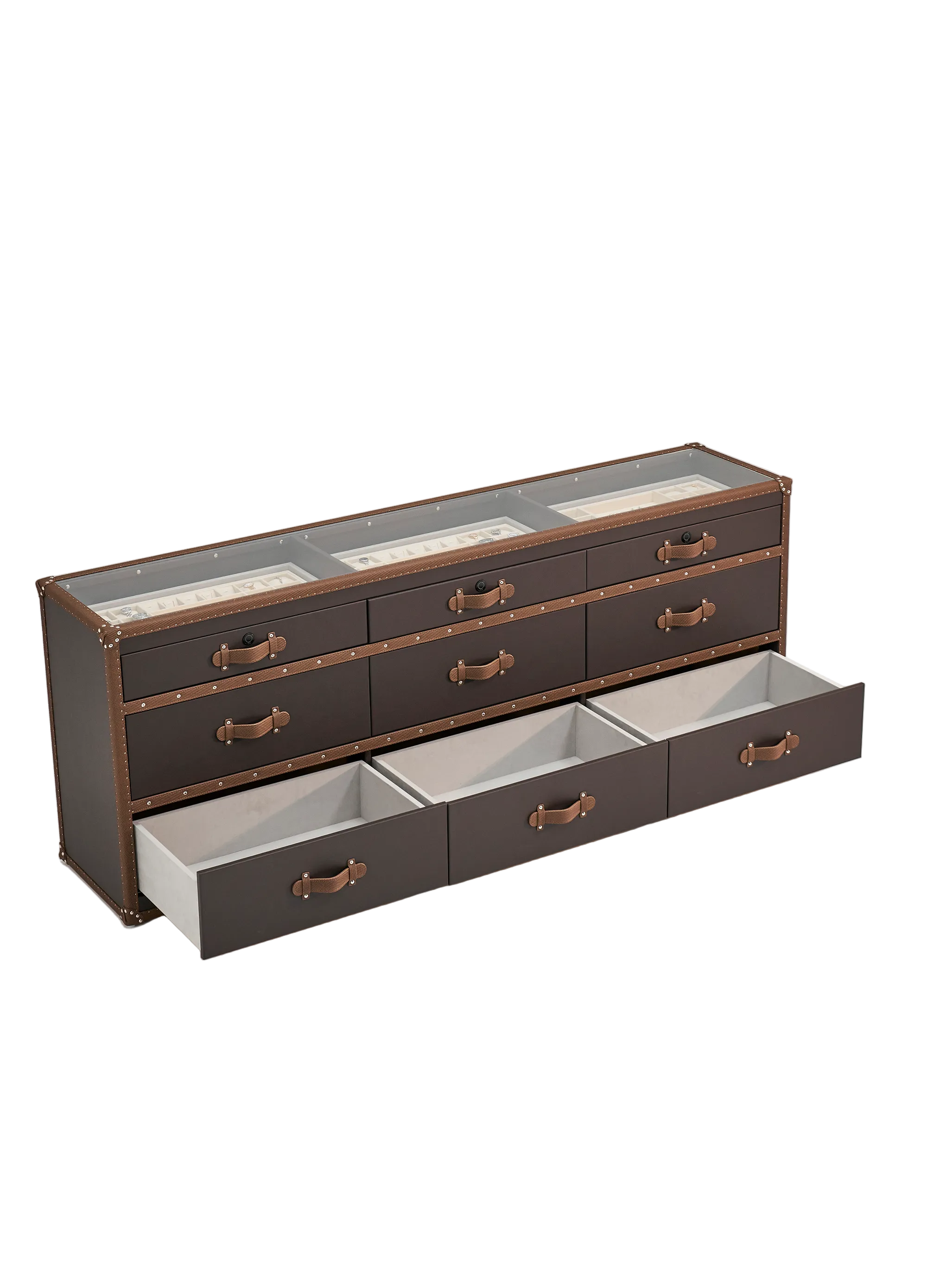 Leather texture detail on the SIRAE brown side cabinet