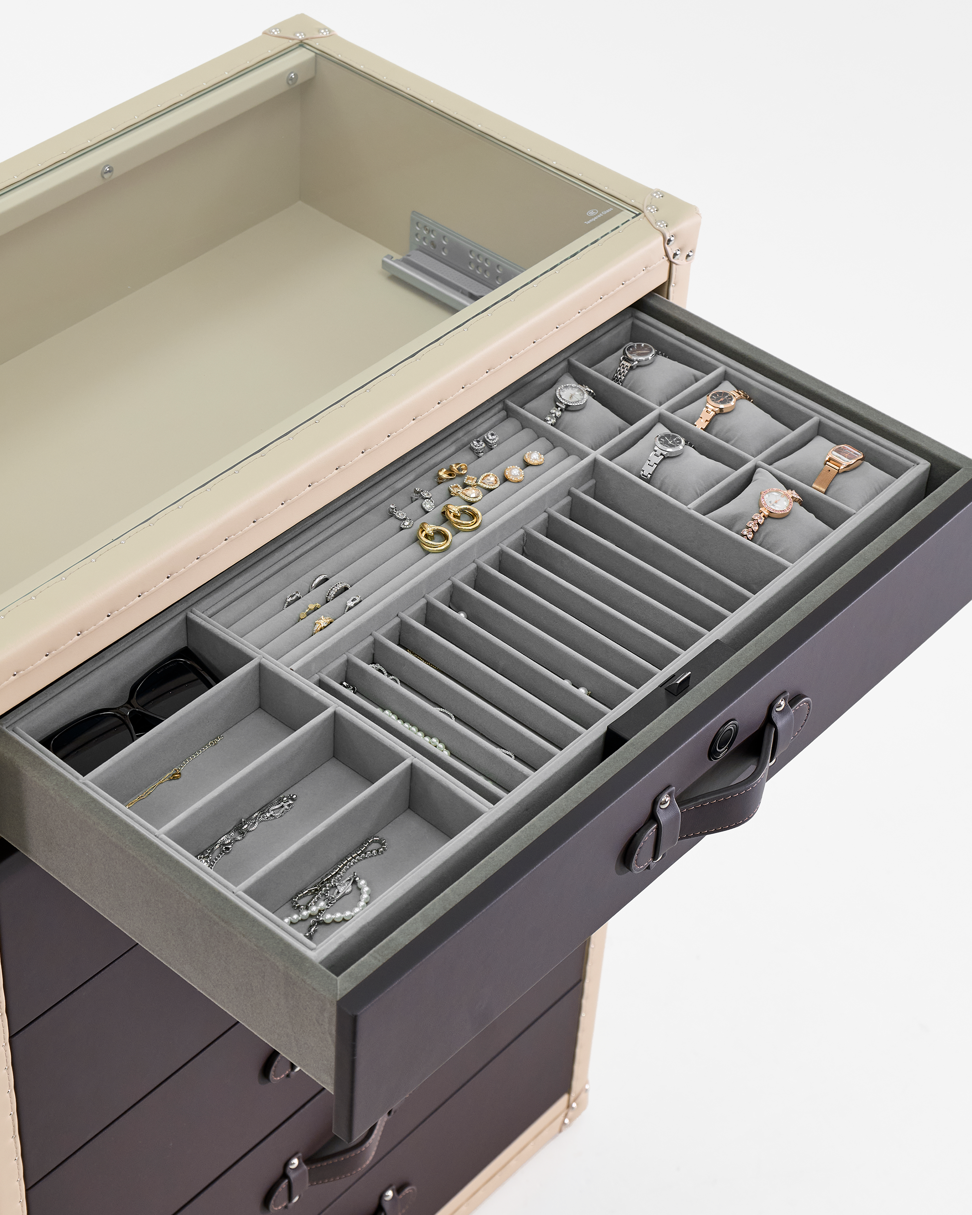 Velvet-lined interior of the SIRAE Heritage Luxe noir & crème side cabinet, styled for luxury storage