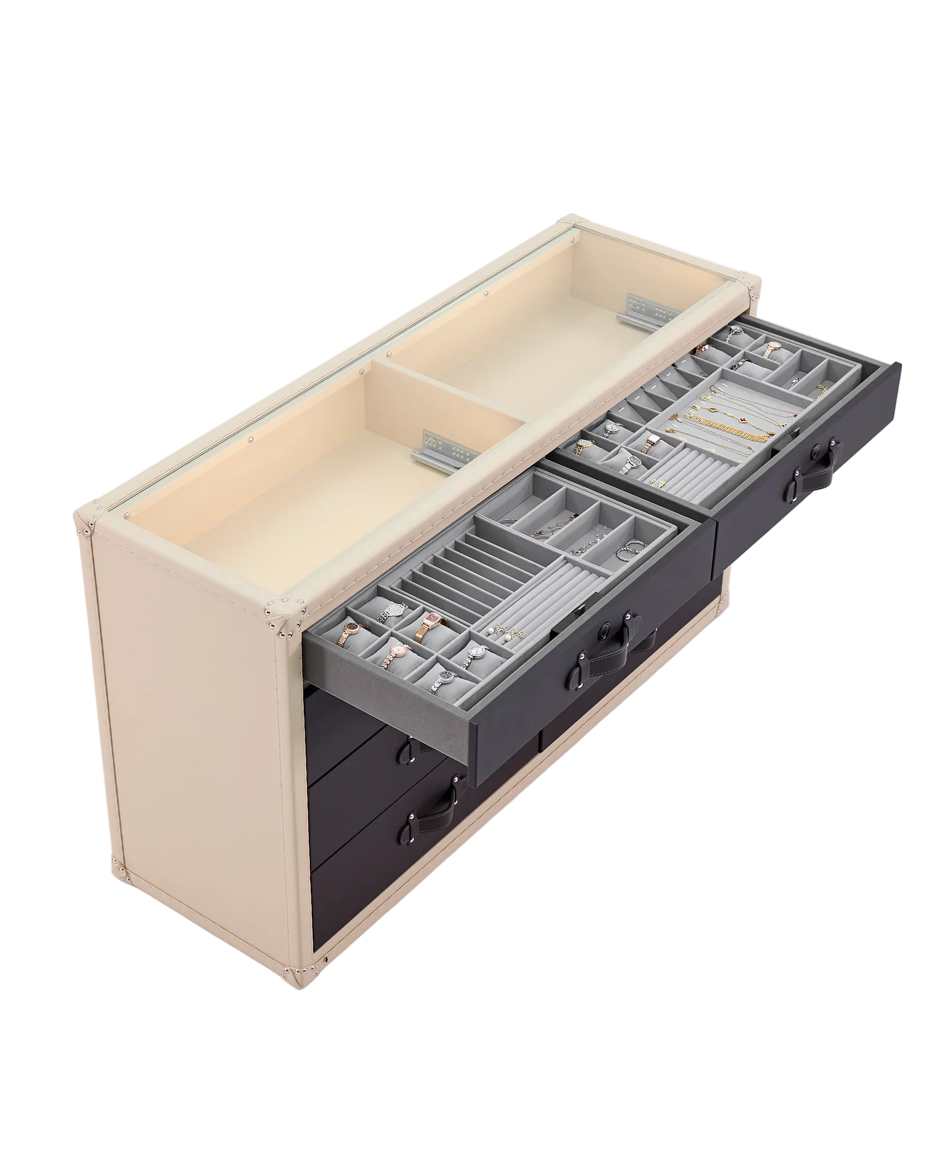 Side view of the SIRAE Heritage Luxe noir & crème side cabinet in a luxury Dubai setting