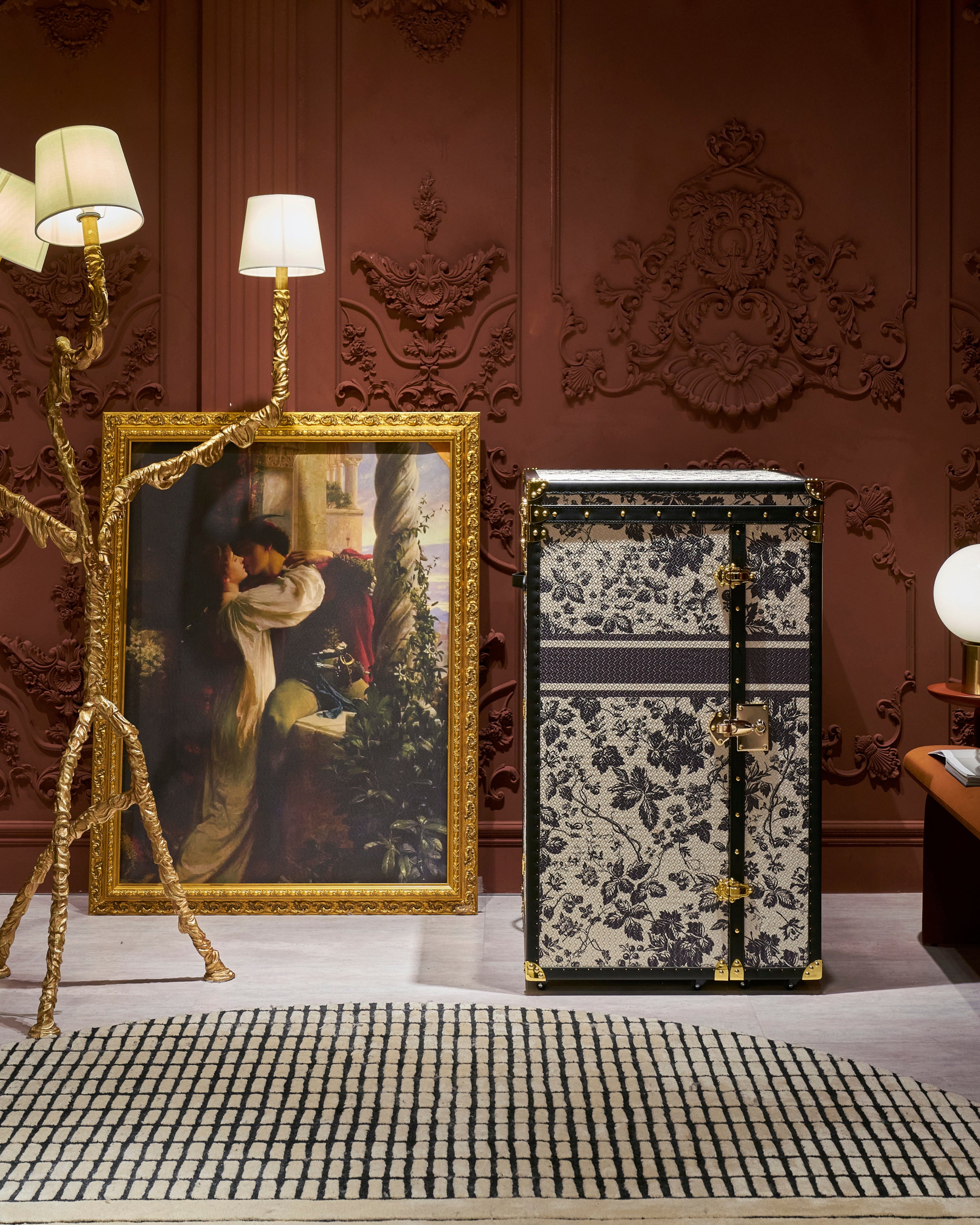 Velvet-lined interior of the SIRAE Heritage Luxe floral noir vanity cabinet, styled for luxury storage