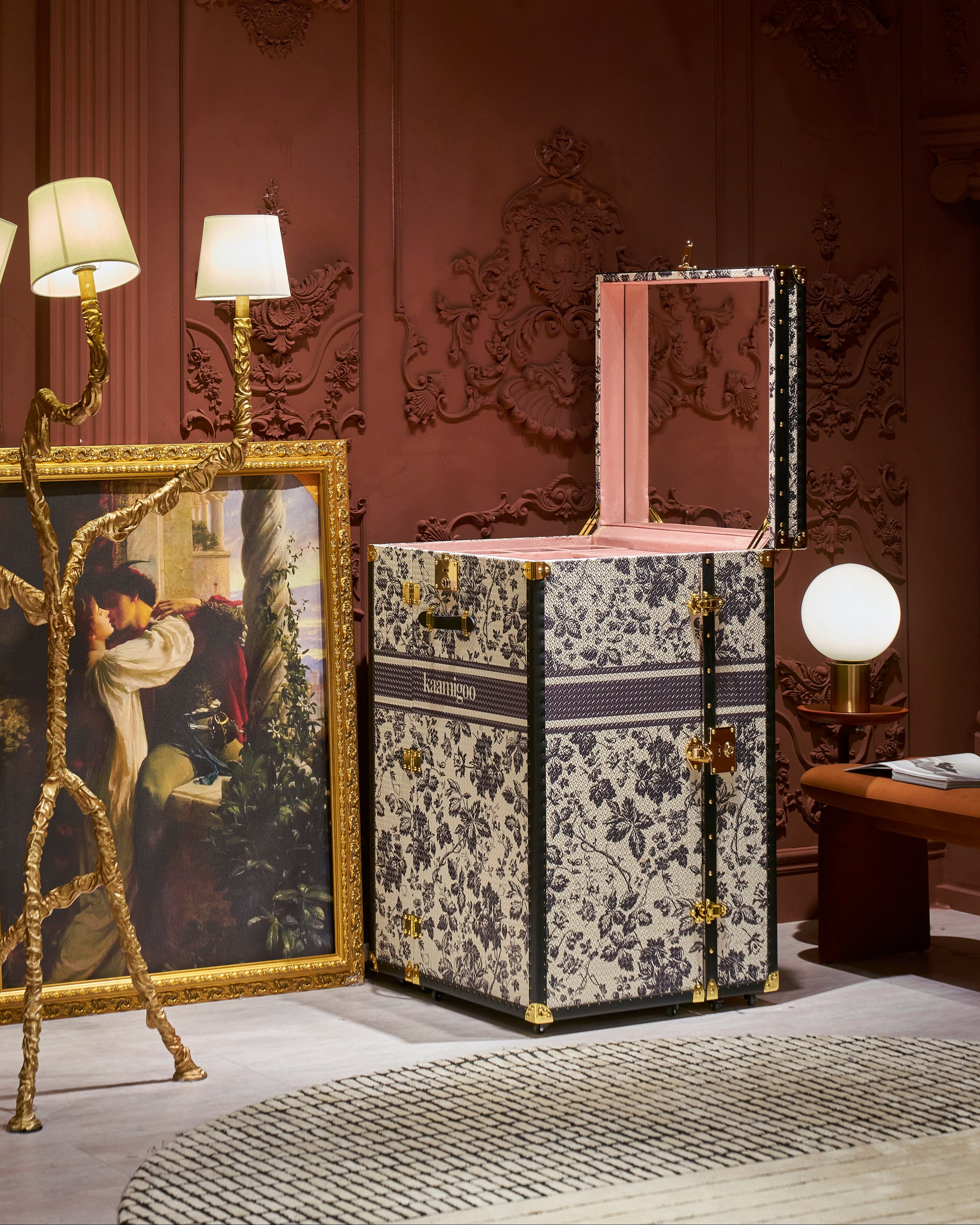 SIRAE Heritage Luxe floral noir vanity cabinet styled with jewelry in a luxury Dubai interior