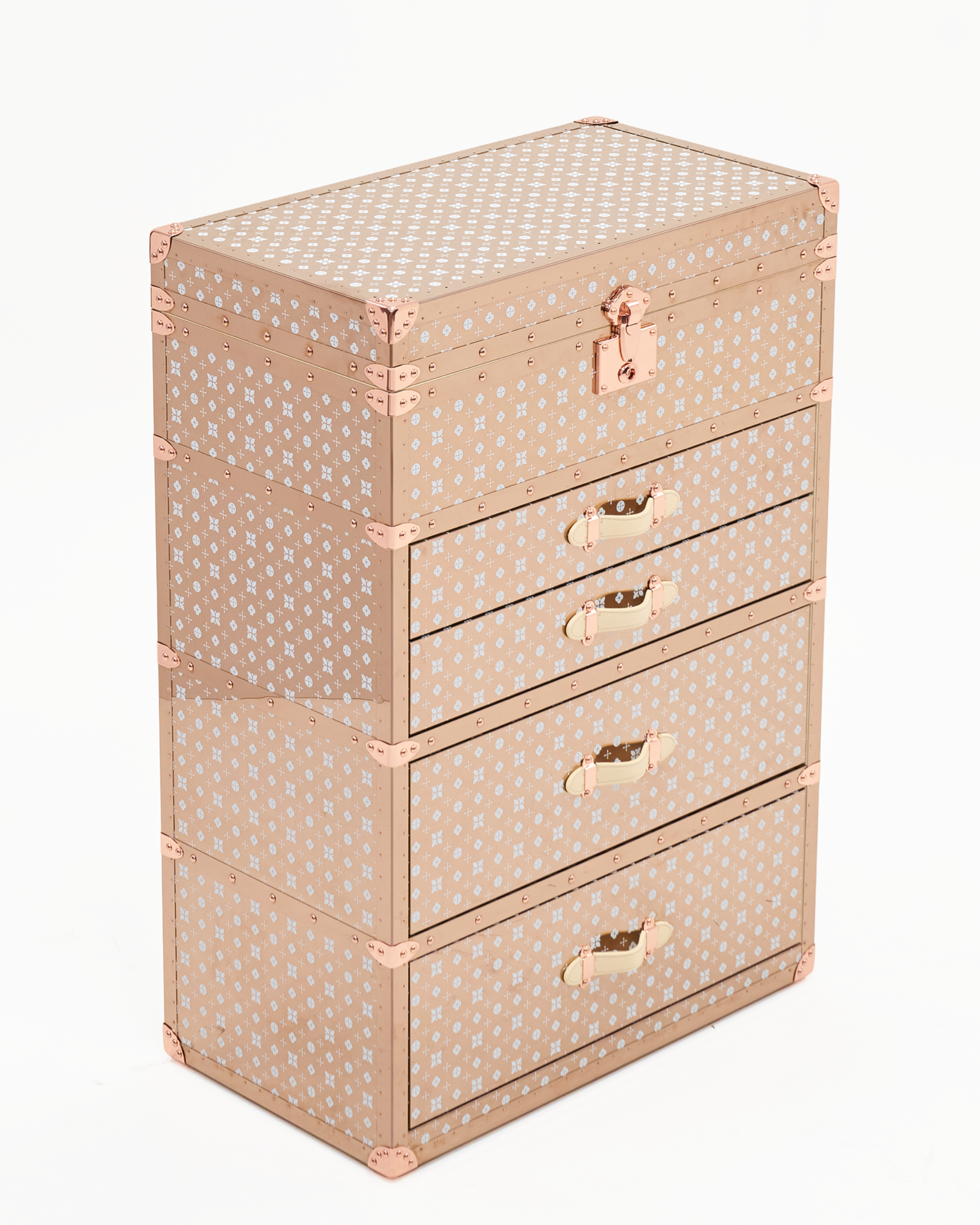 SIRAE Lumière Atelier rose gold jewelry trunk styled with jewelry in a luxury Dubai interior