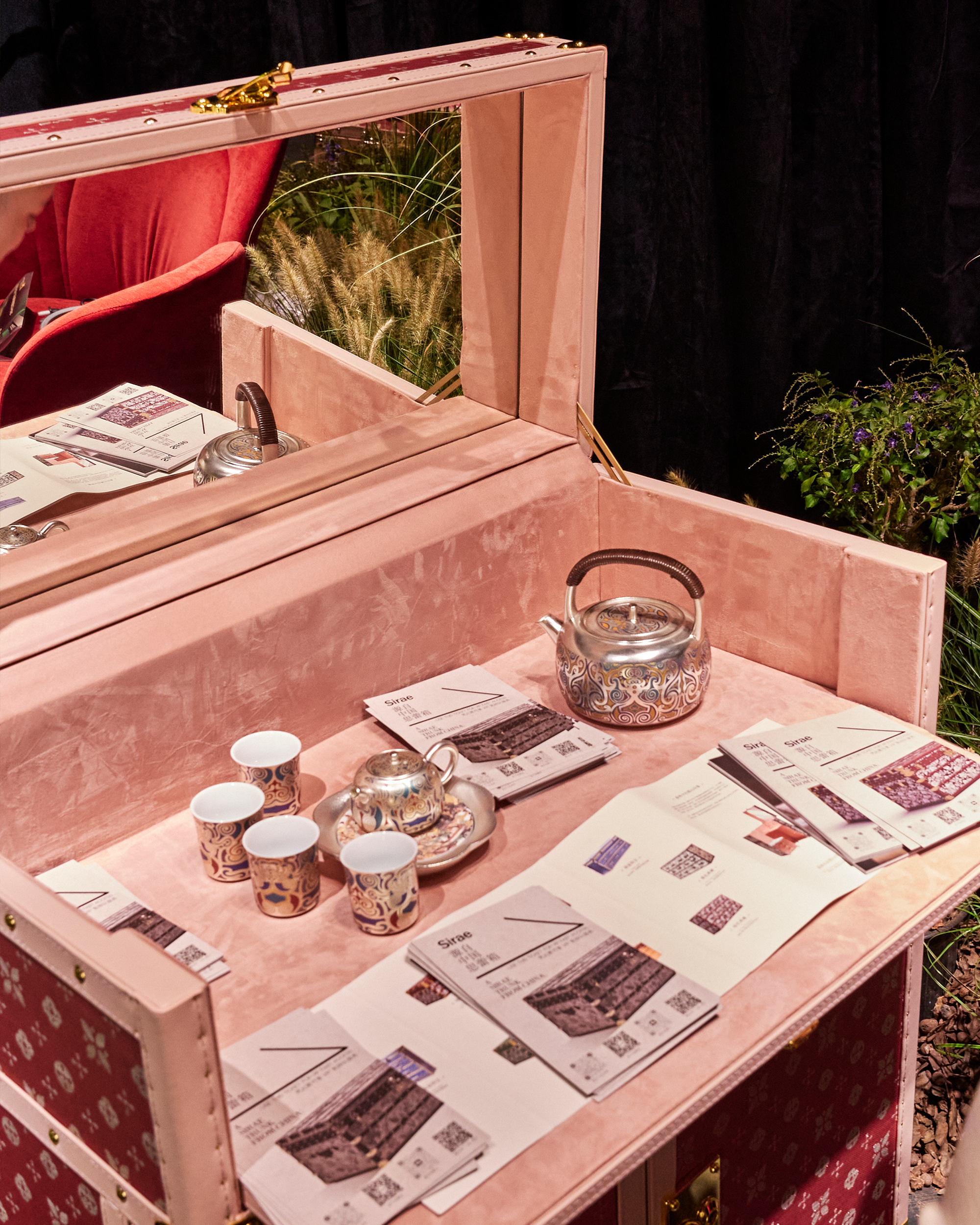 Microfiber leather detail of the blossom pink microfiber leather tea bar cabinet, SIRAE Dubai