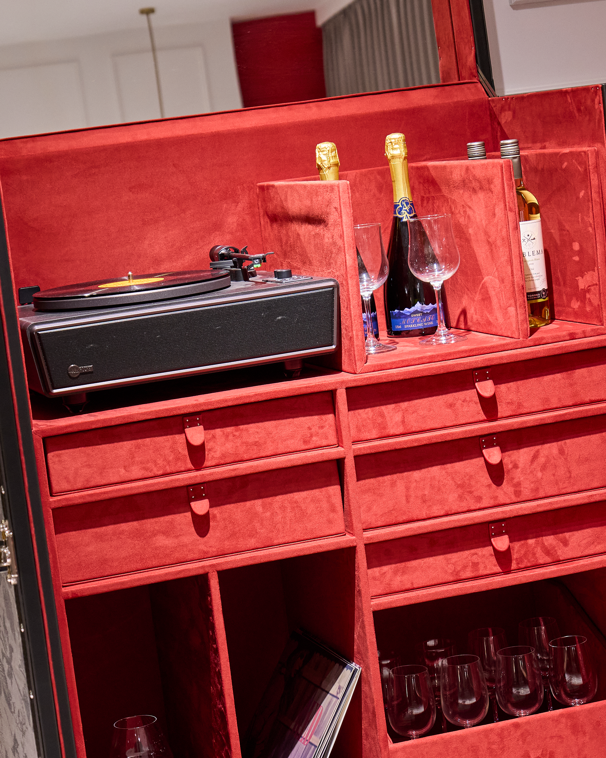 Microfiber leather detail of the noir microfiber leather media bar cabinet, SIRAE Dubai