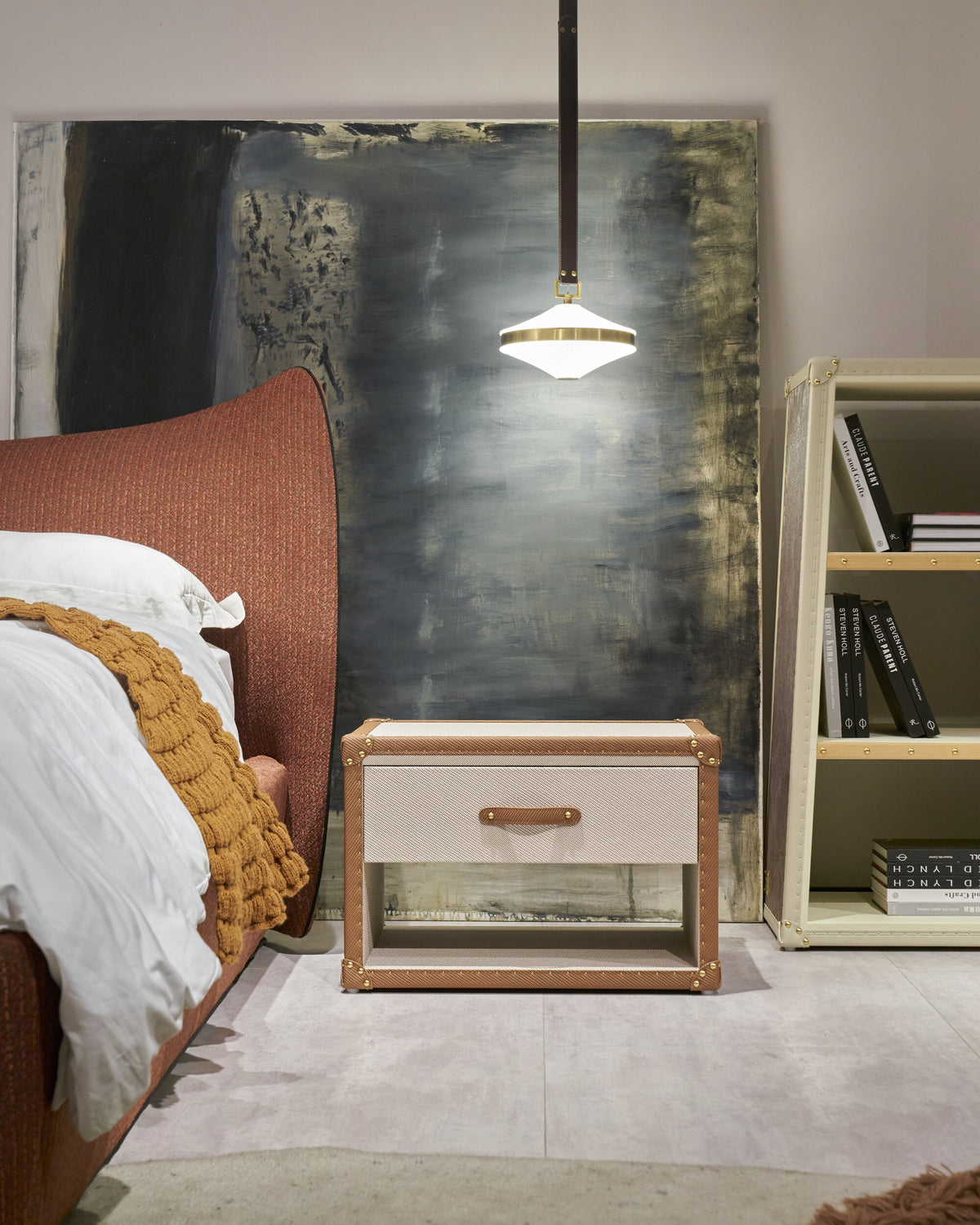 Front view of the ivory and cognac microfiber leather bedside cabinet, SIRAE Dubai