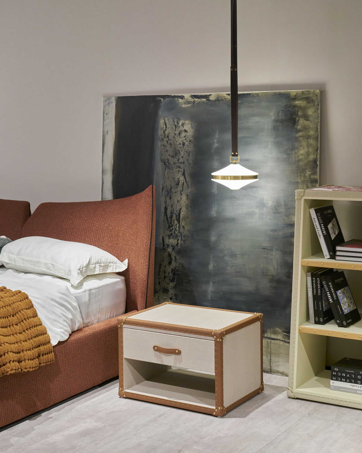 Ivory and cognac microfiber leather bedside cabinet shown open, SIRAE Dubai