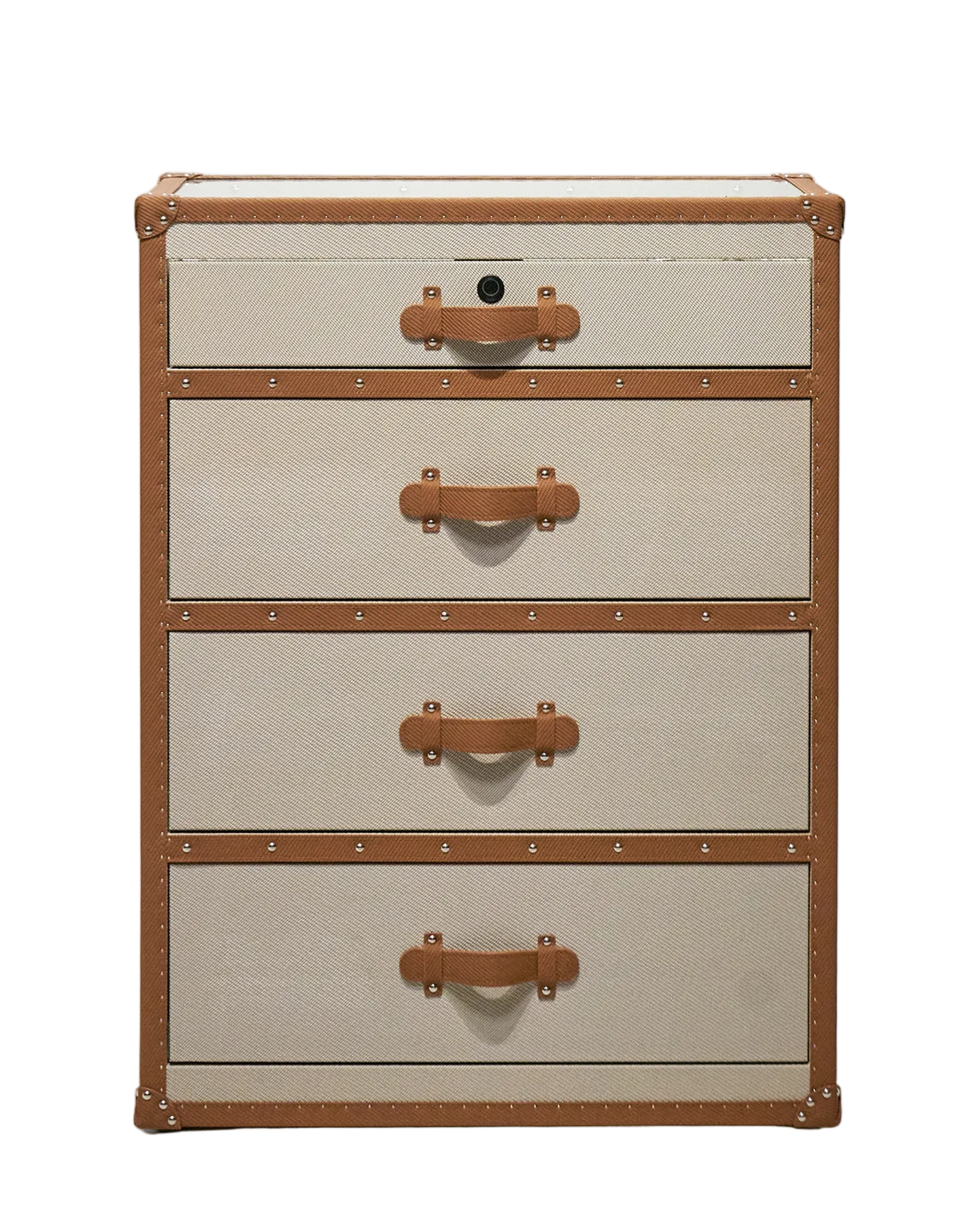 Beige and brown leather chest of drawers with glass top, SIRAE Casa Dubai