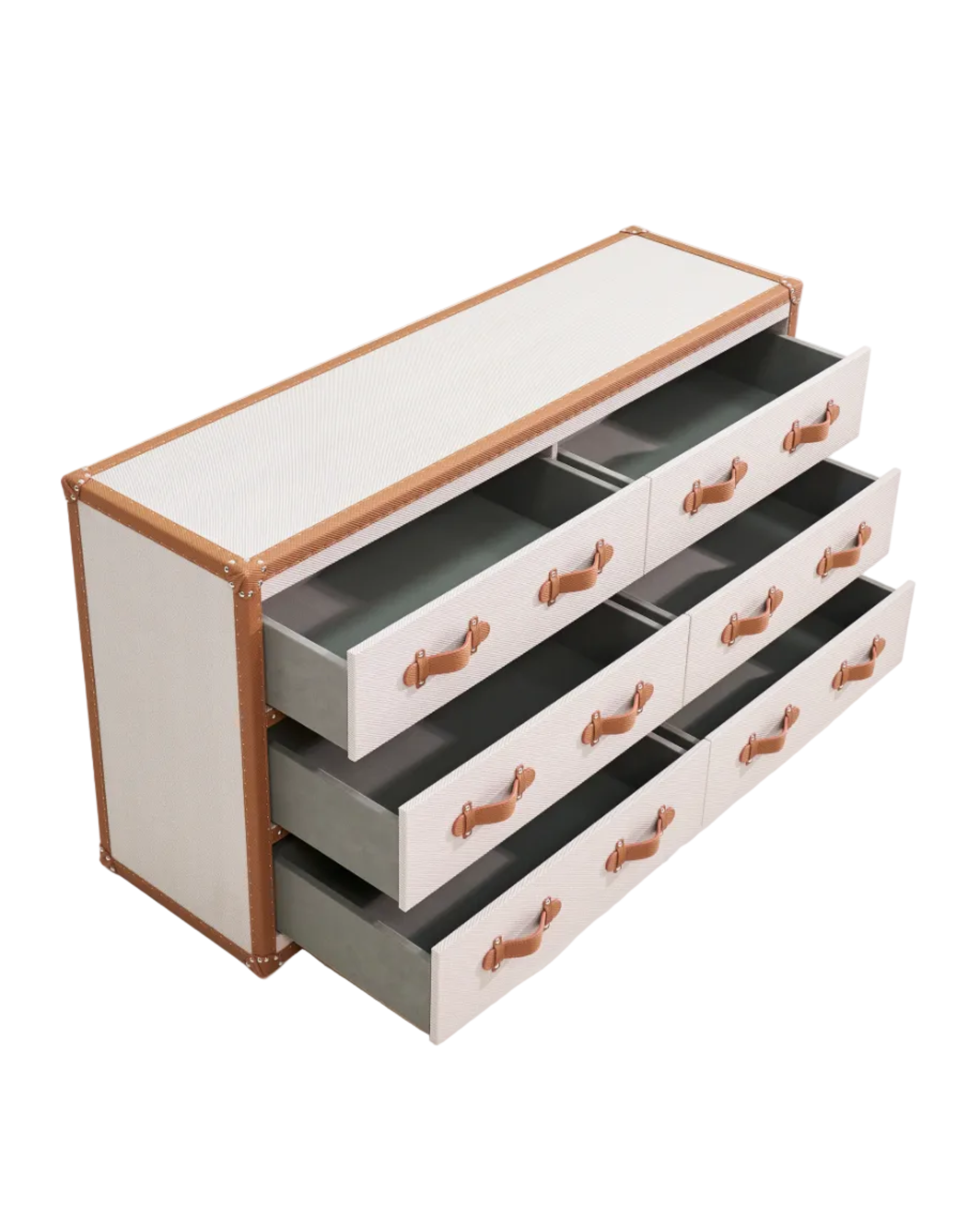 Open view of the ivory leather chest of drawers and dresser, Heritage Print, SIRAE Casa Dubai