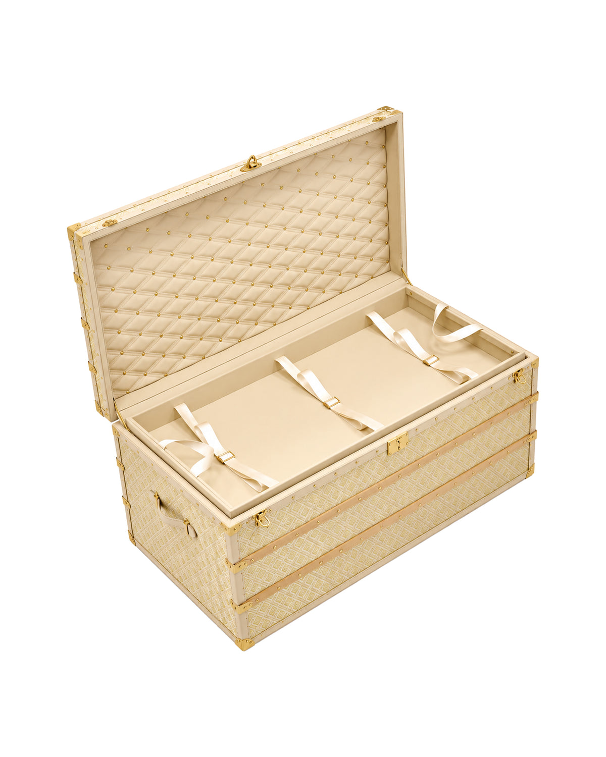Front view of the antique gold woven copper wire coffee table storage trunk, SIRAE Dubai