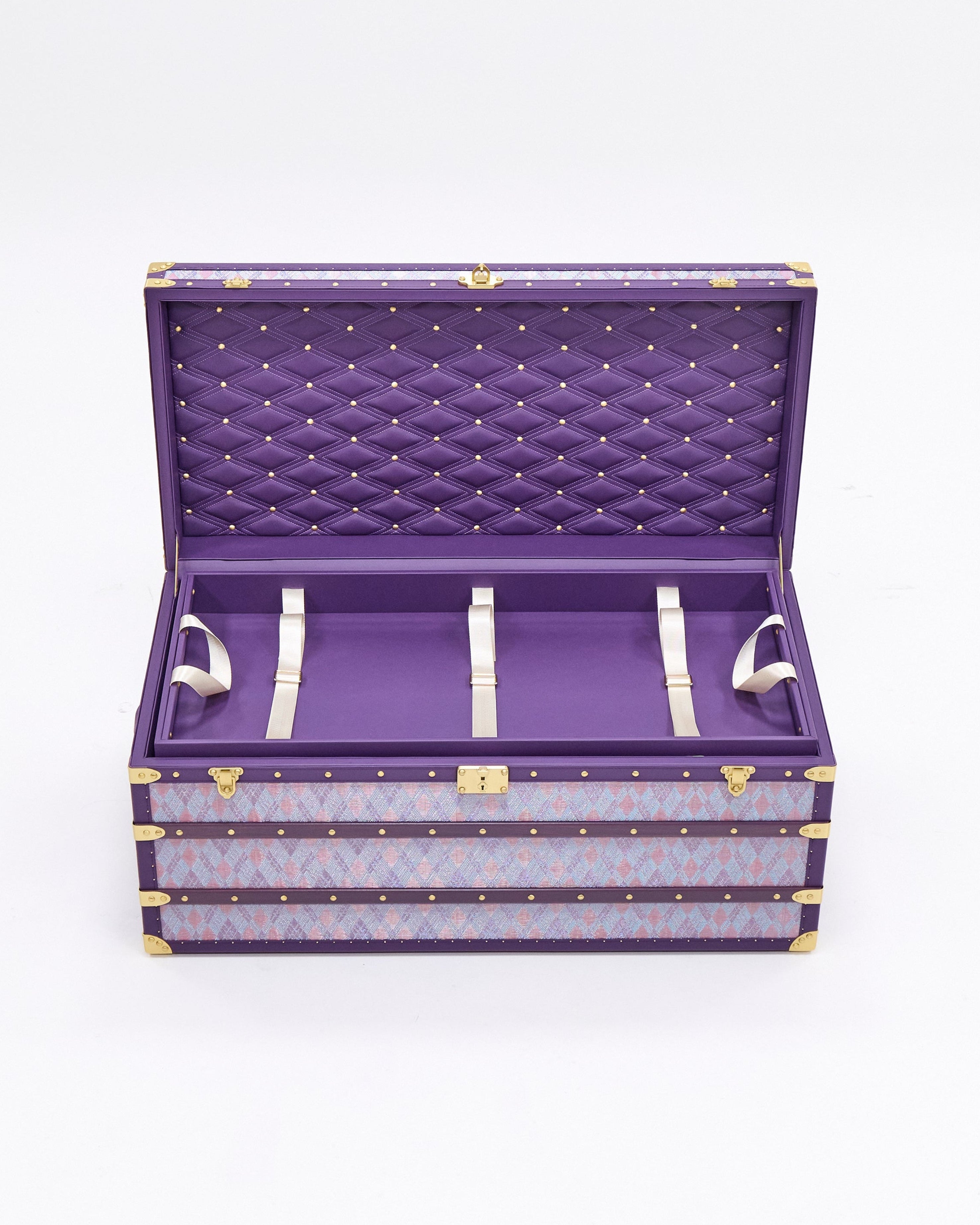 Amethyst microfiber leather storage trunk coffee table styled in a luxury Dubai interior by SIRAE
