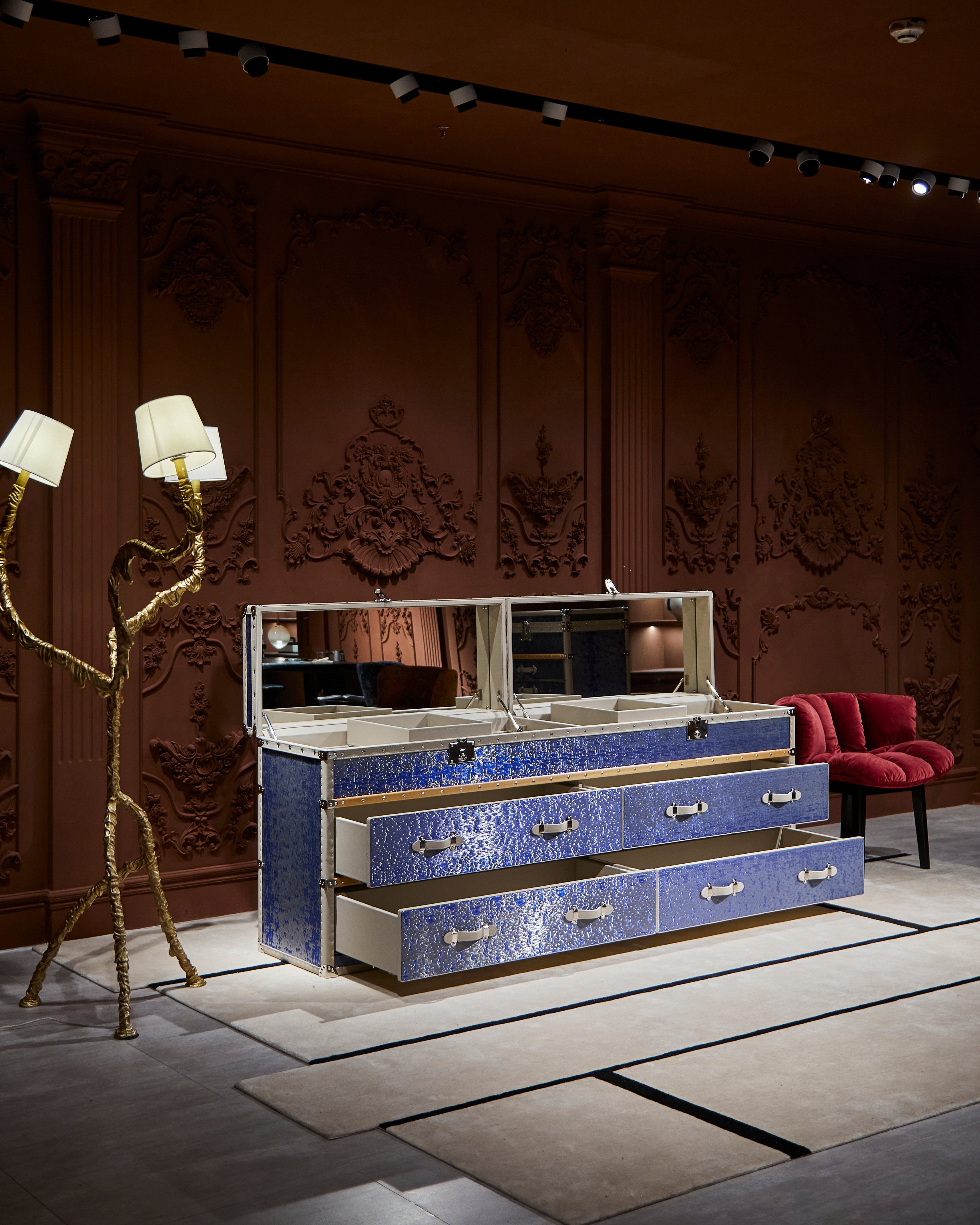 Microfiber leather detail of the sapphire microfiber leather vanity dresser with mirror, SIRAE Dubai