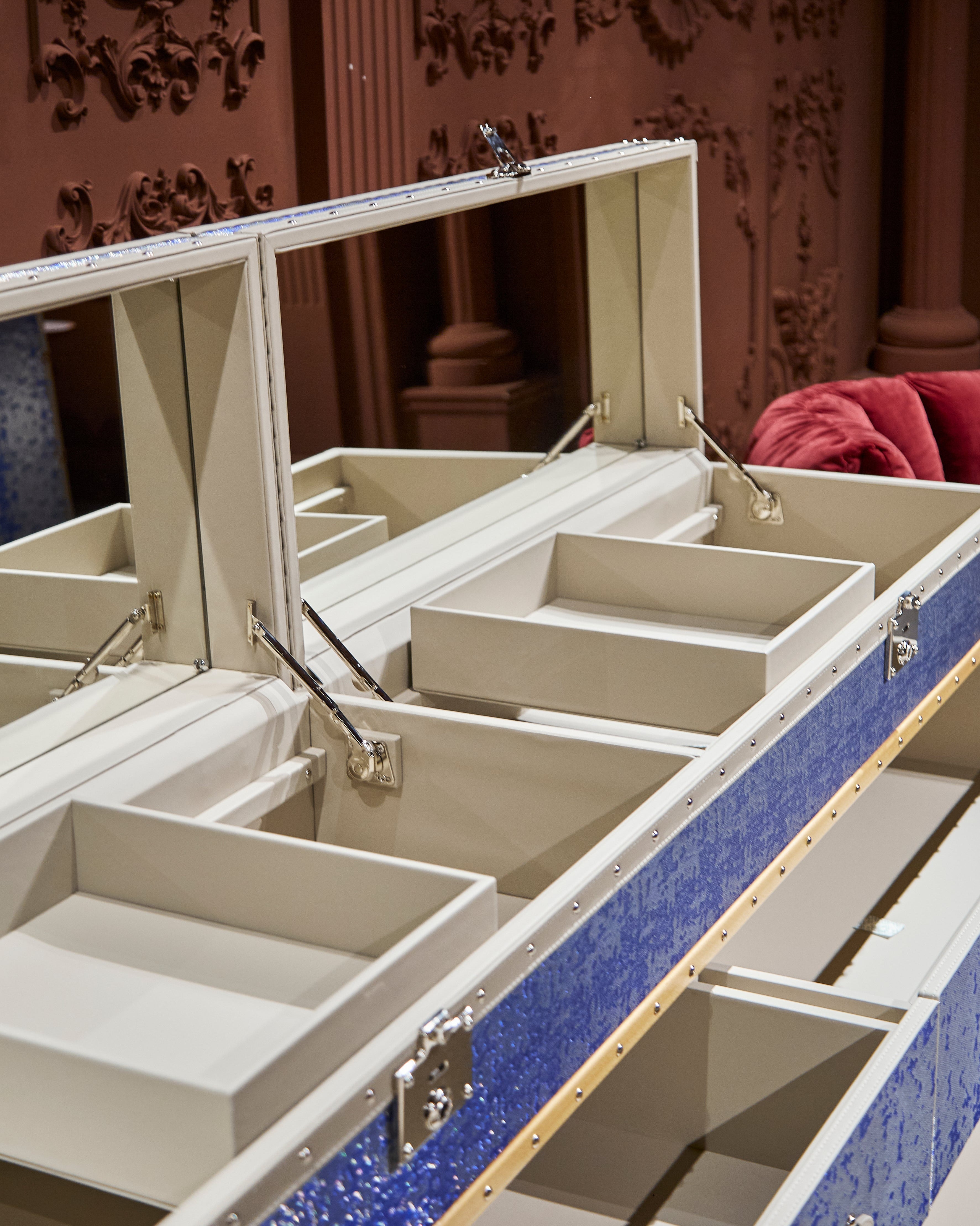 Sapphire microfiber leather vanity dresser with mirror, side view, by SIRAE Dubai