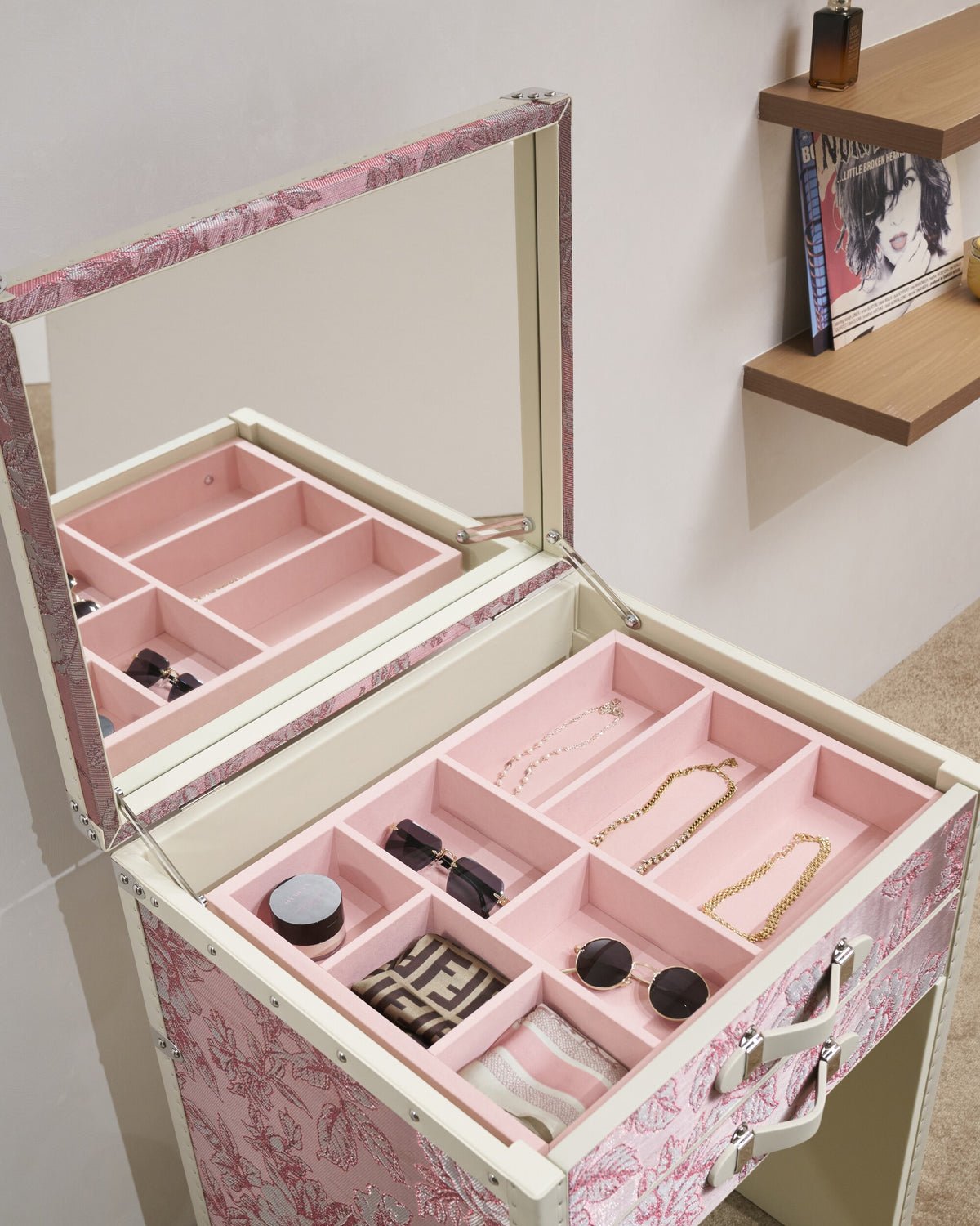 Hardware and finish detail on the rose toile dressing table trunk with mirror, SIRAE Dubai