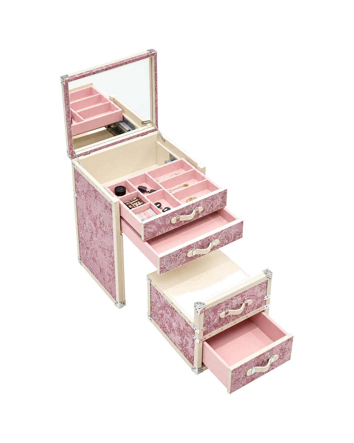 Front view of the rose toile dressing table trunk with mirror, SIRAE Dubai