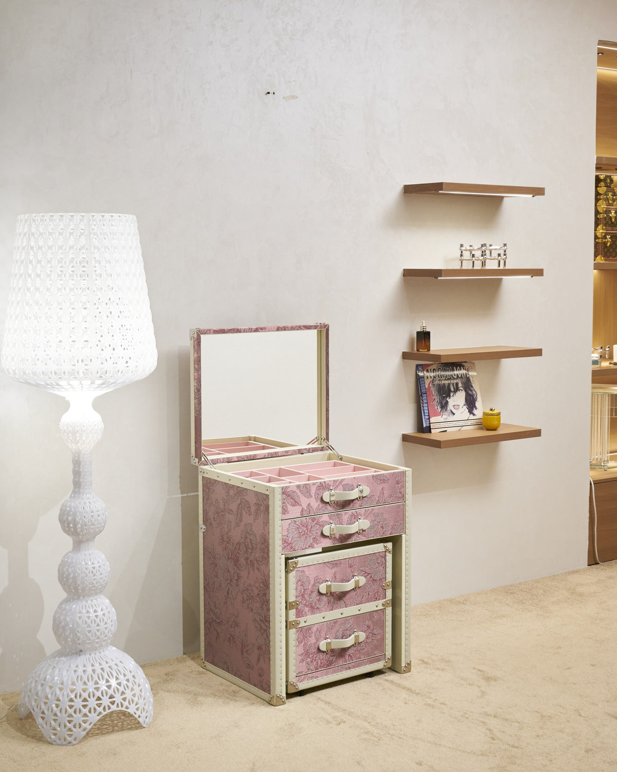 Rose toile dressing table trunk with mirror shown open, SIRAE Dubai