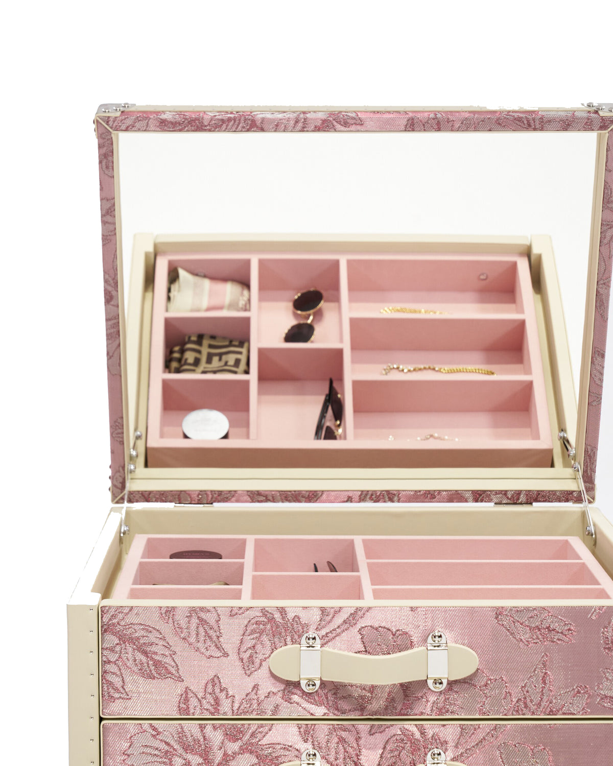 Side profile of the rose toile dressing table trunk with mirror, SIRAE Dubai